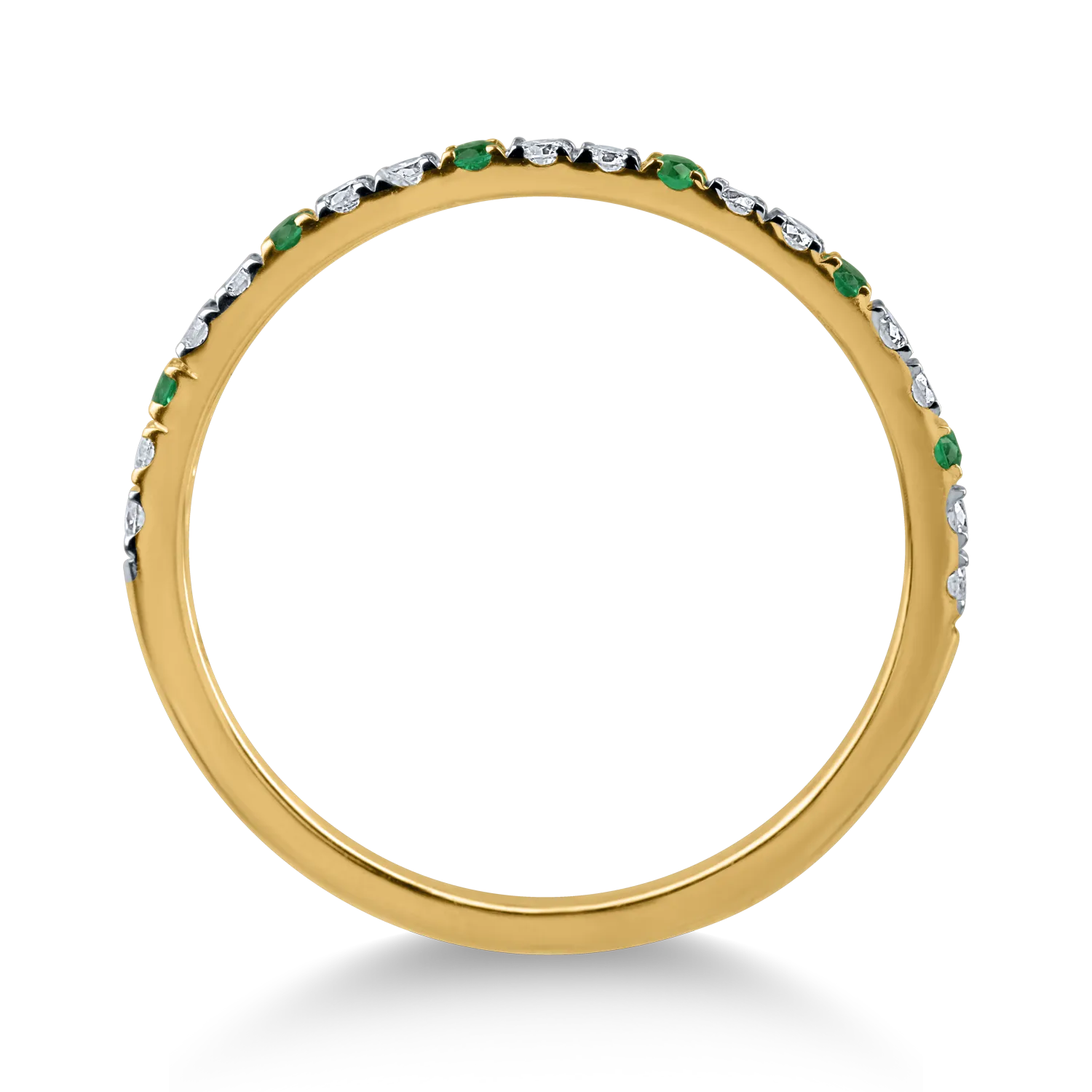 Half eternity ring in yellow gold with 0.08ct emeralds and 0.21ct diamonds