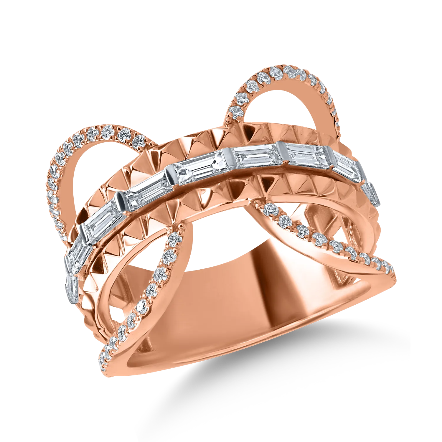 Inel din aur roz cu diamante baguette si rotunde de 0.96ct