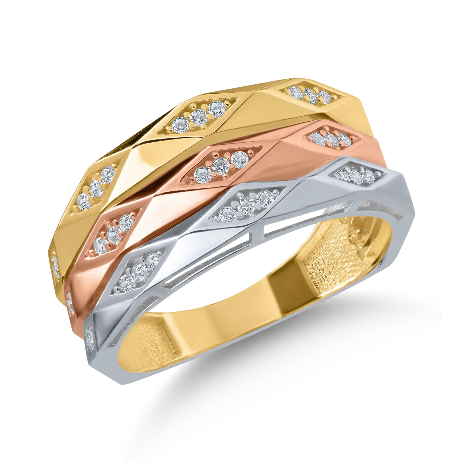 Fehér-rózsaszín-sárga arany gyűrű