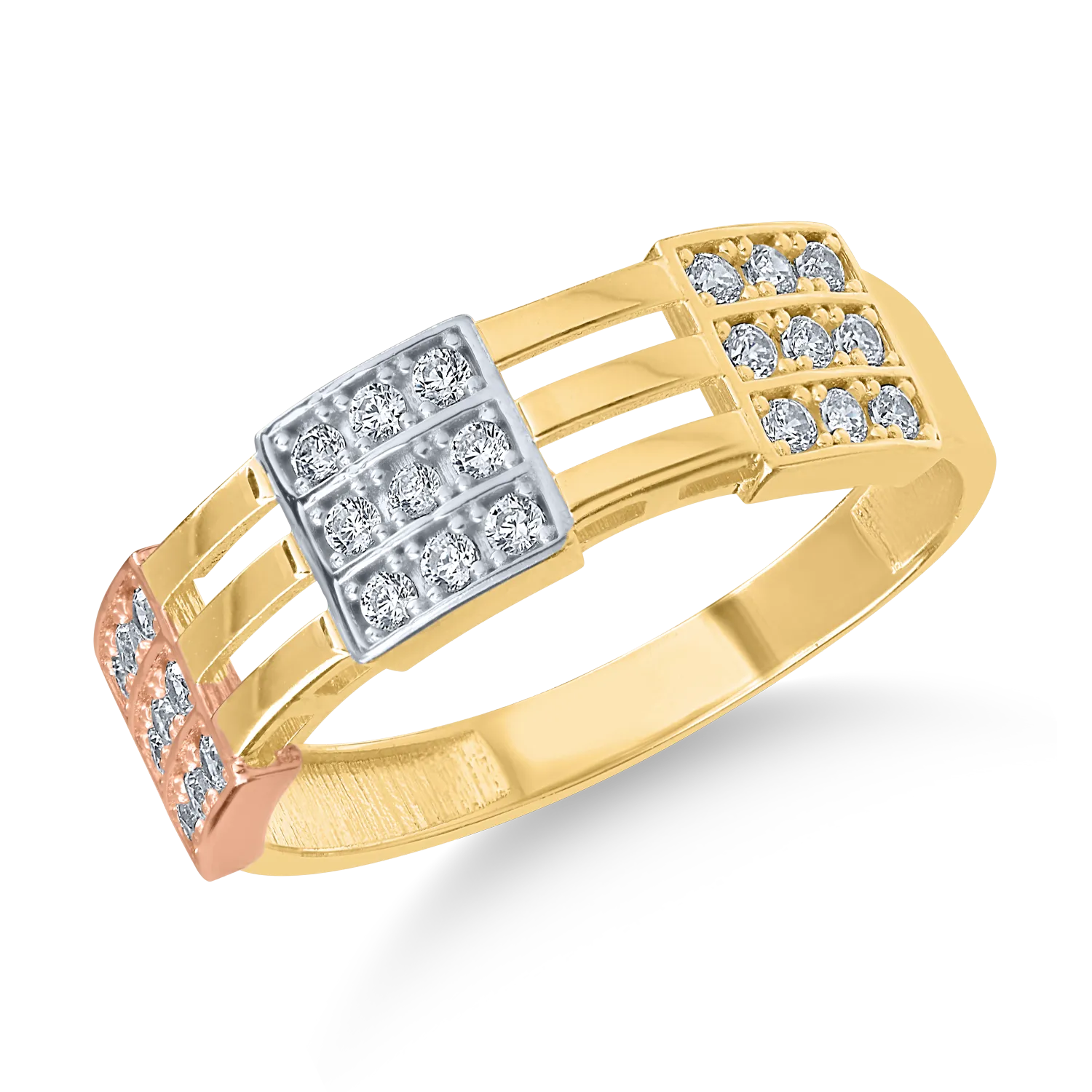 Fehér-rózsaszín-sárga arany gyűrű