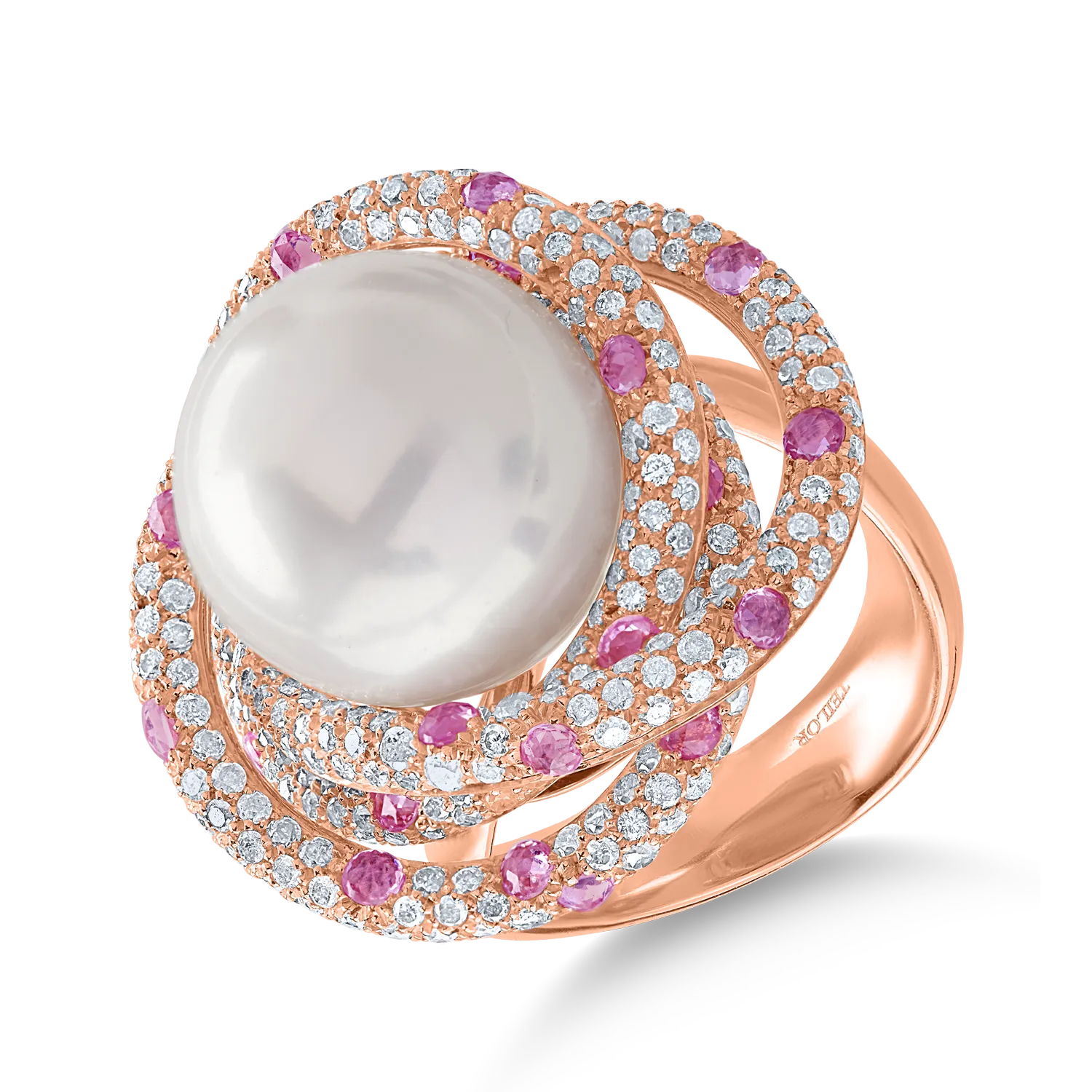Rose gold ring with 23.3ct fresh water pearl and 3.15ct precious stones