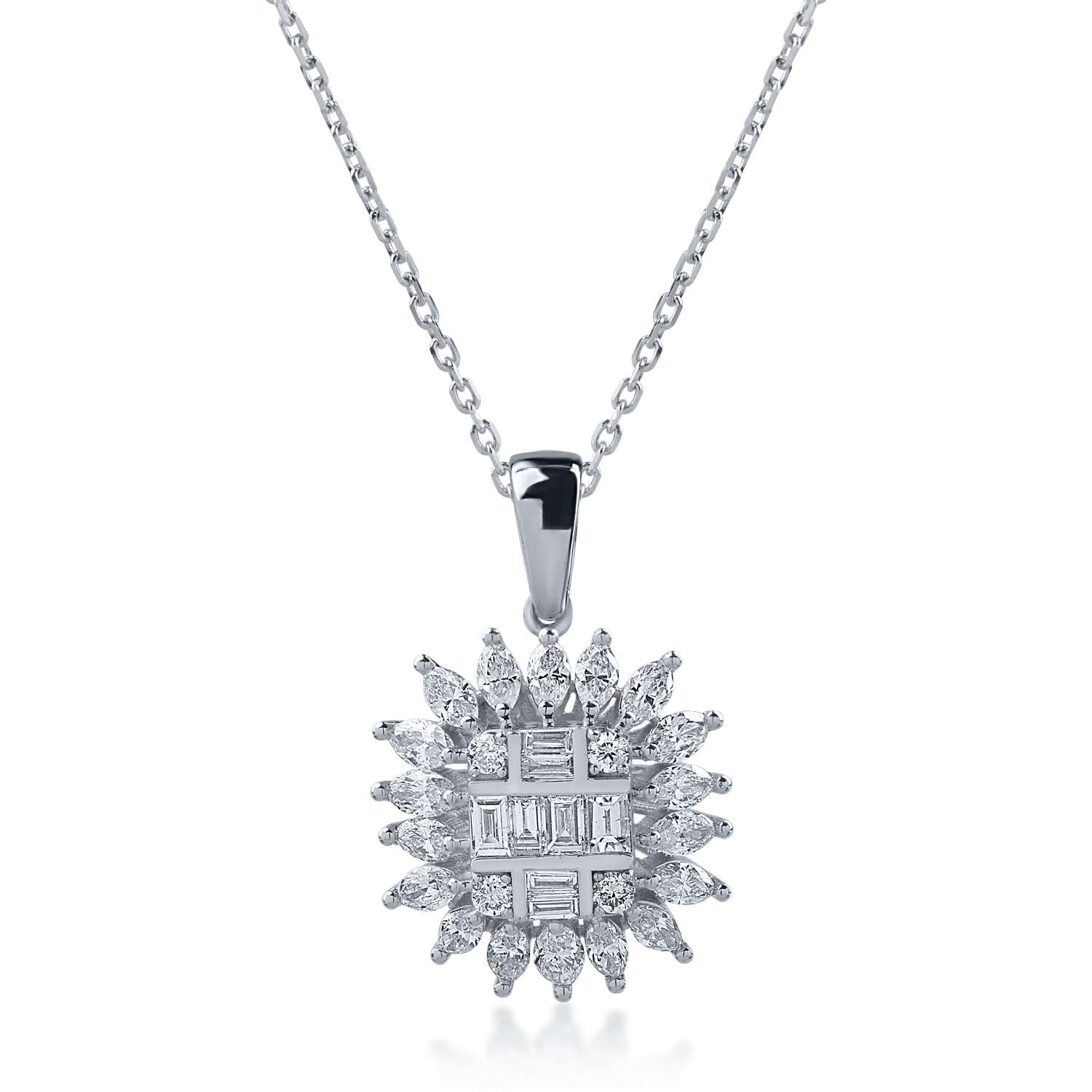 Teilor Lant cu pandantiv din aur alb cu diamante baguette si paer de 0.78ct