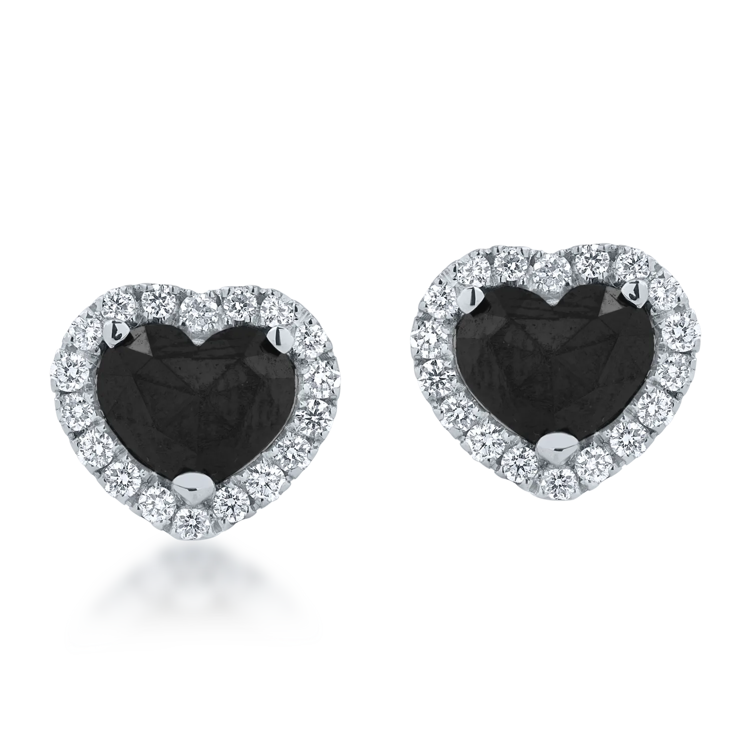 White gold heart earrings with 1.42ct black diamonds and 0.22ct clear diamonds