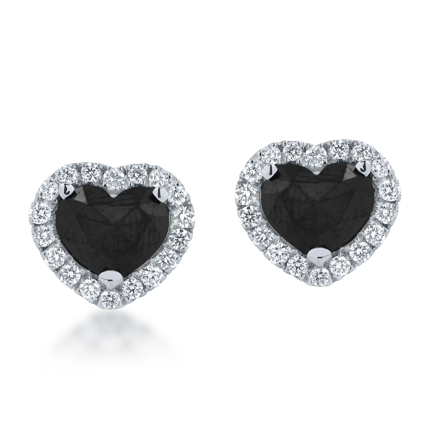 Cercei inimioare din aur alb cu diamante negre de 1.26ct si diamante transparente de 0.22ct