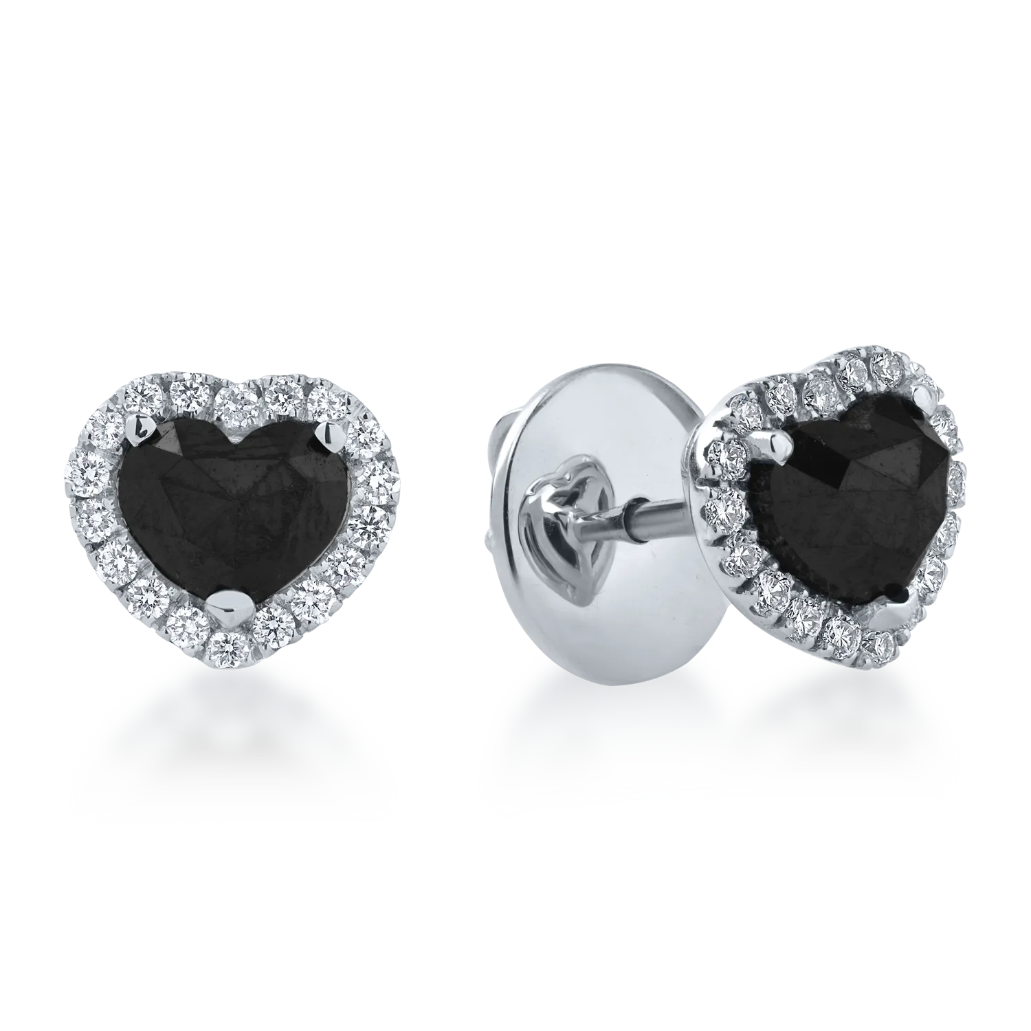 White gold heart earrings with 1.26ct black diamonds and 0.22ct clear diamonds