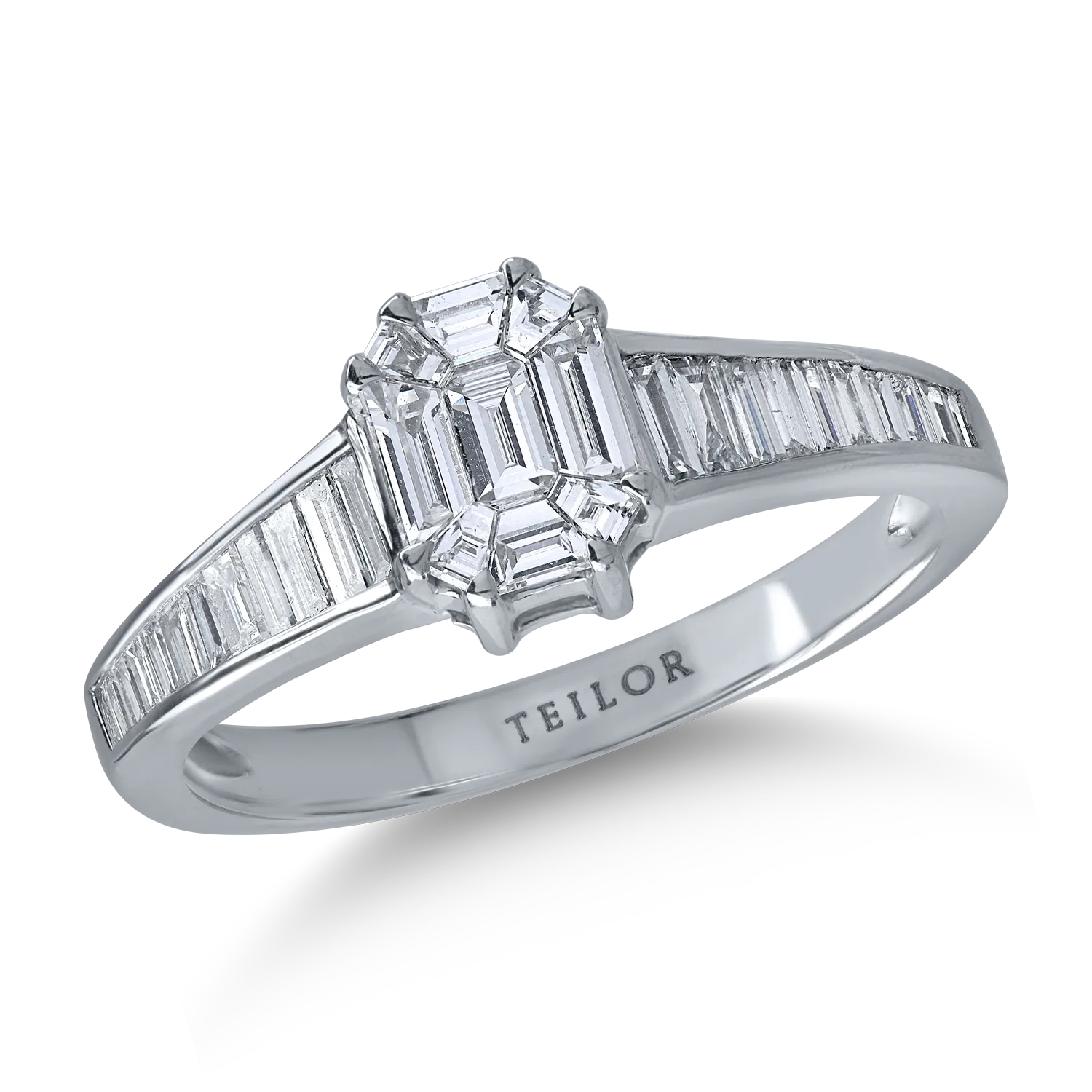 Inel din aur alb cu diamante baguette si rotunde de 0.8ct