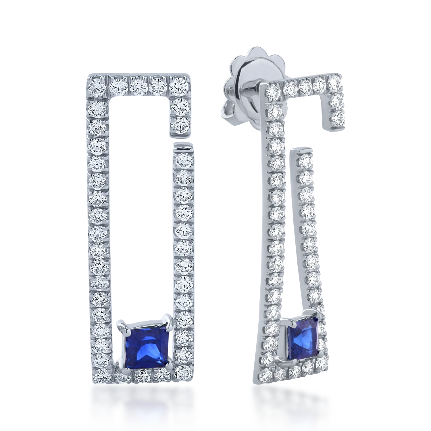 Cercei din aur alb cu safire princess de 0.55ct si diamante de 0.8ct
