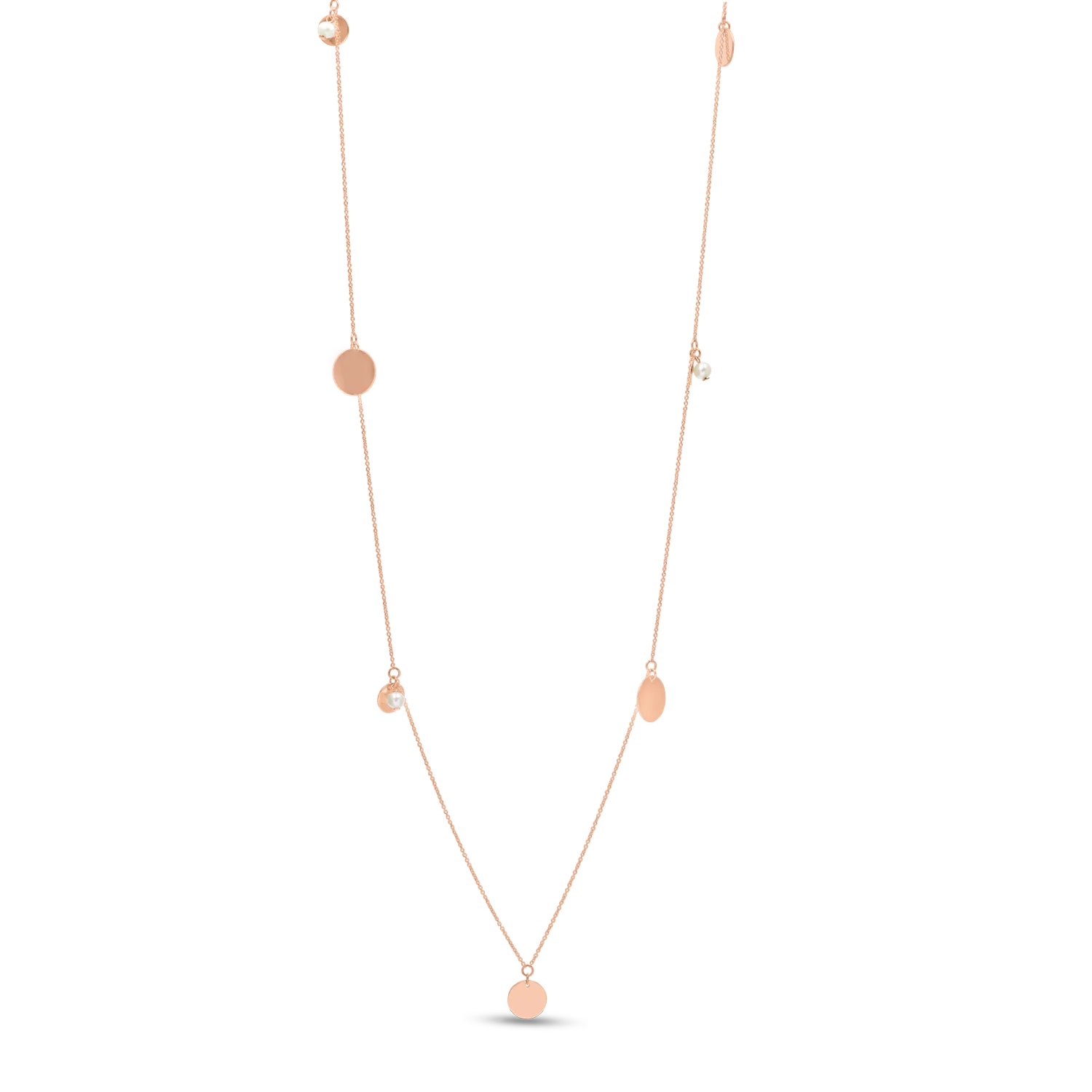 Naszyjnik z różowego złota z zawieszkami i syntetycznymi perłami