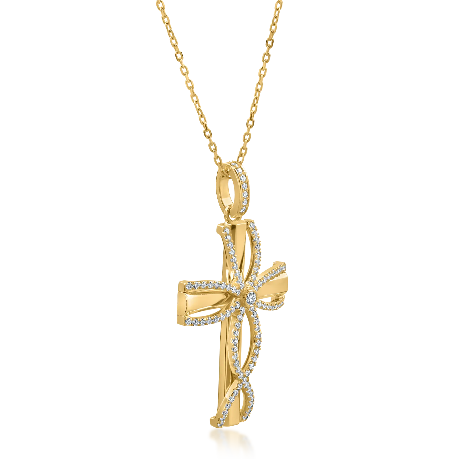 Naszyjnik w kształcie krzyża z żółtego złota z diamentami o masie 0.32ct