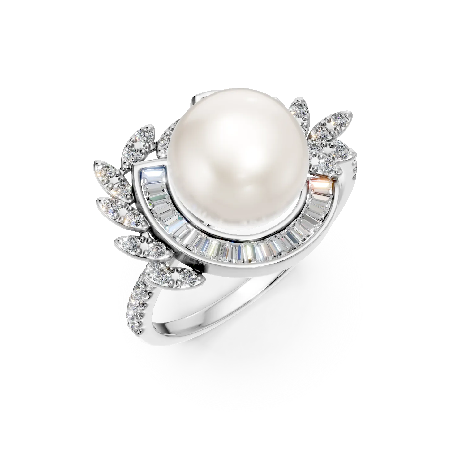 Inel din aur alb cu perle de cultura de 3.81ct si diamante de 0.44ct