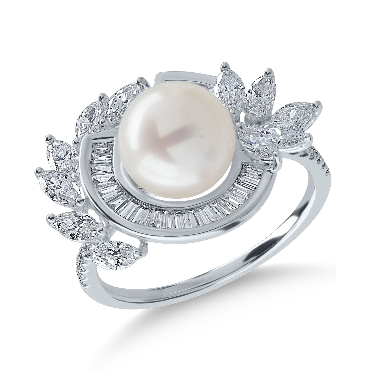 Fehér arany gyűrű 3.73ct édesvízi gyöngyökkel és 0.98ct gyémántokkal