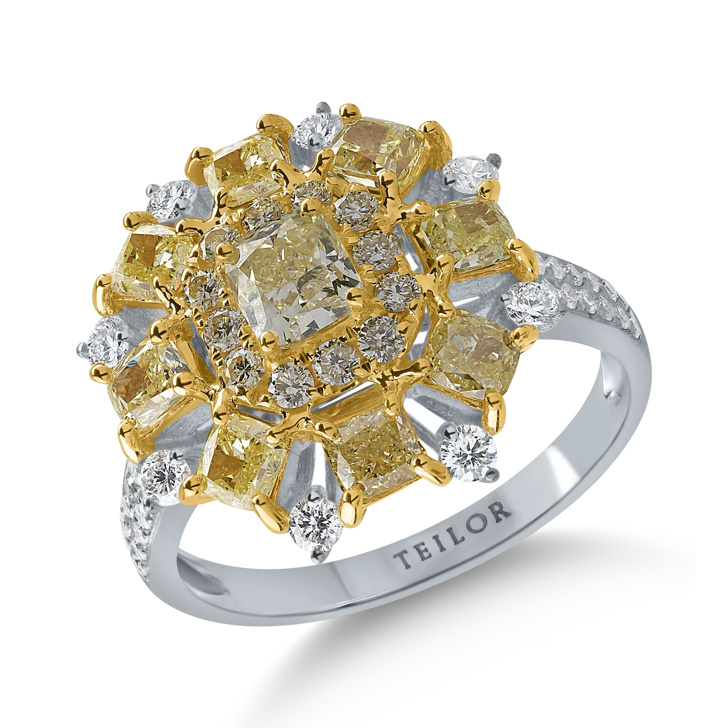Fehér-sárga arany gyűrű 2.14ct sárga gyémántokkal és 0.39ct tiszta gyémántokkal