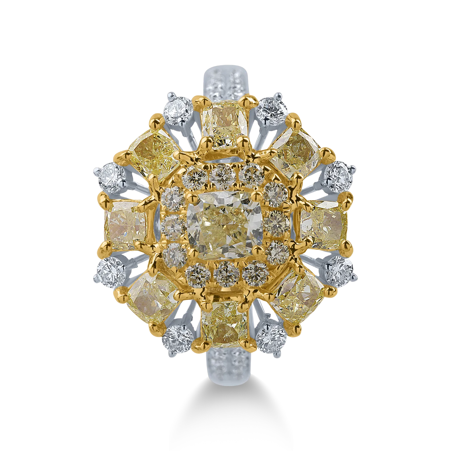 Pierścionek z biało-żółtego złota z żółtymi diamentami o masie 2.14ct i przezroczystymi diamentami o masie 0.39ct