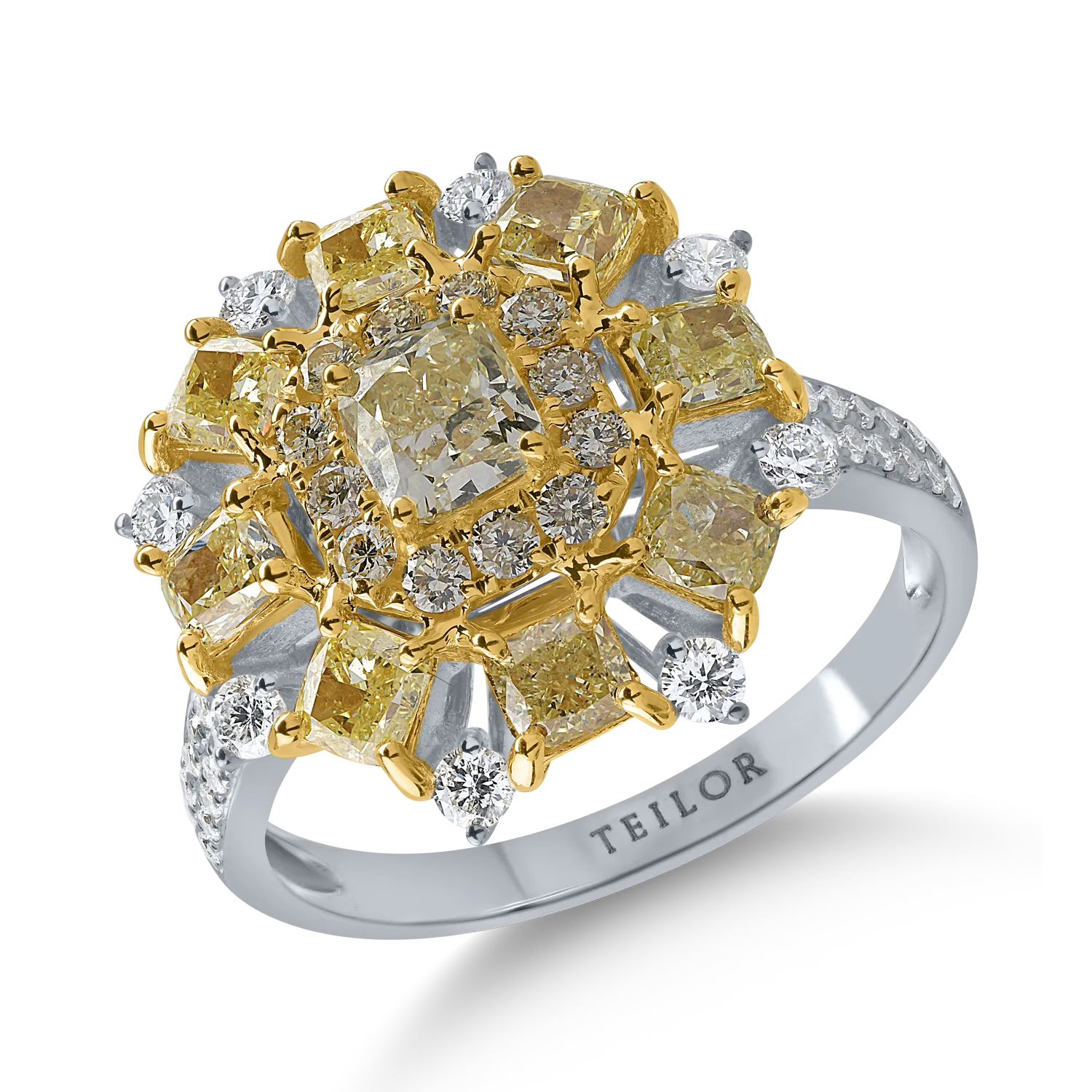 White-yellow gold ring with 2.21ct yellow diamonds and 0.39ct clear diamonds