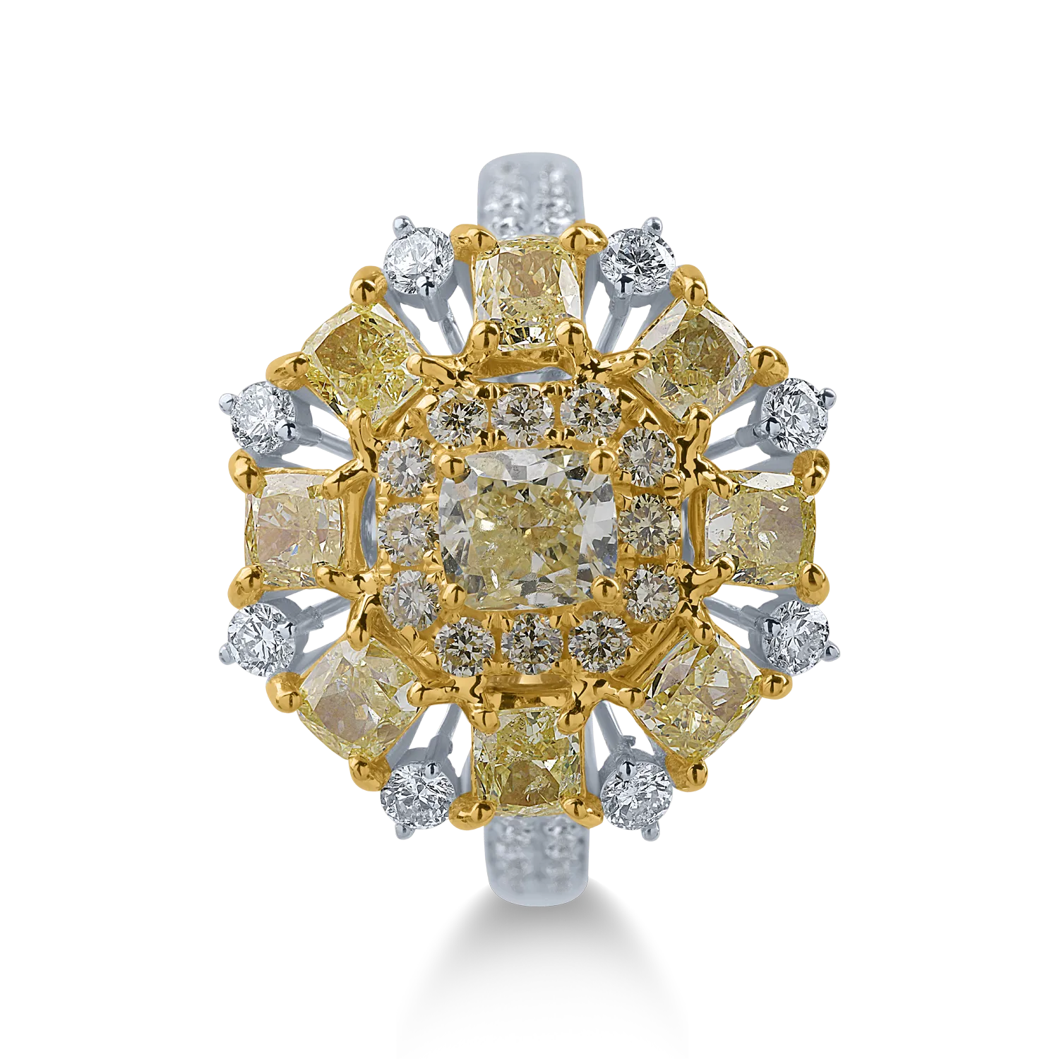 Fehér-sárga arany gyűrű 2.21ct sárga gyémántokkal és 0.39ct tiszta gyémántokkal