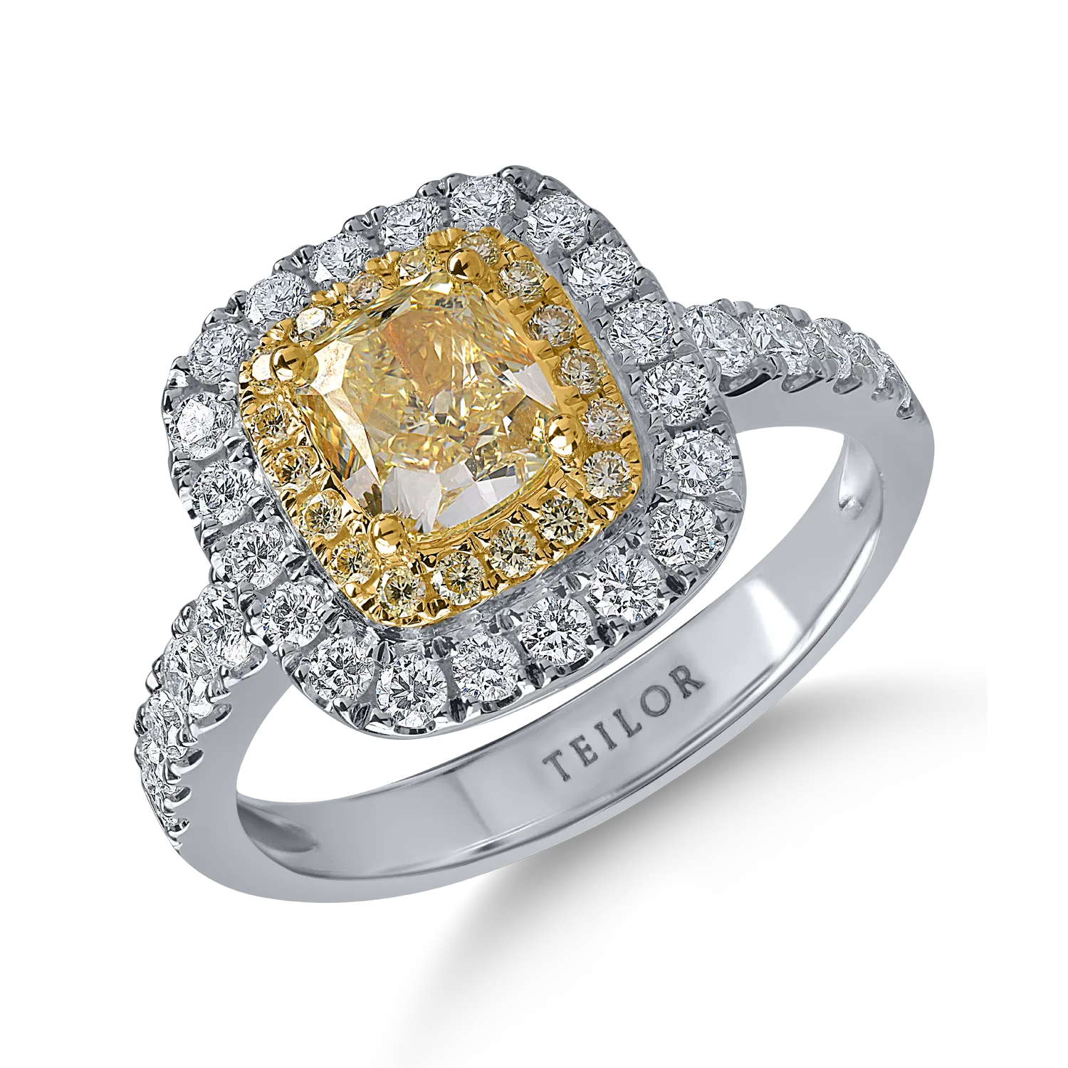 Inel din aur alb-galben cu diamante galbene de 1.15ct si diamante transparente de 0.66ct