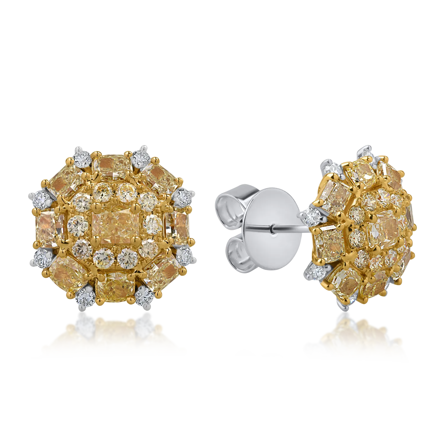 Cercei din aur alb-galben cu diamante galbene cushion de 4ct si diamante incolore round de 0.34ct