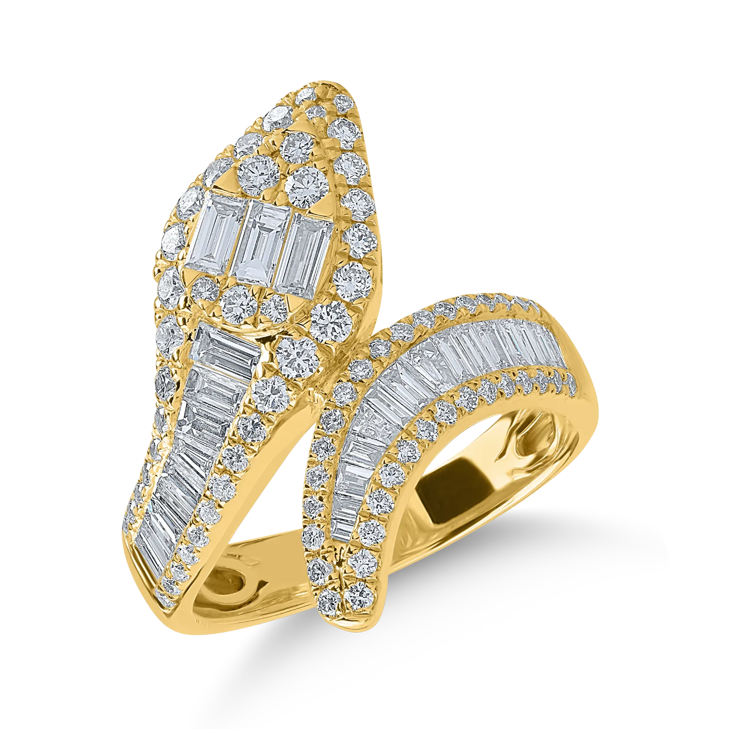 Inel sarpe din aur galben cu diamante baguette si rotunde de 1.4ct