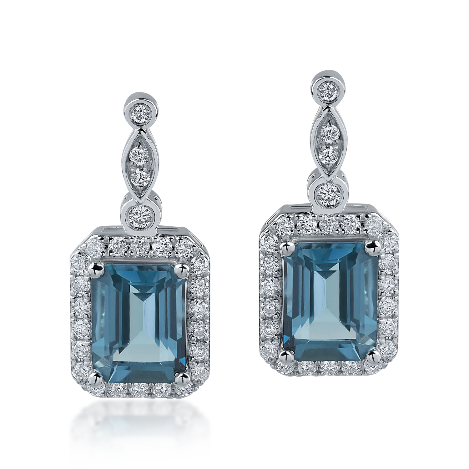 Fehérarany fülbevaló 1.58ct londoni kék topázokkal és 0.308ct gyémántokkal