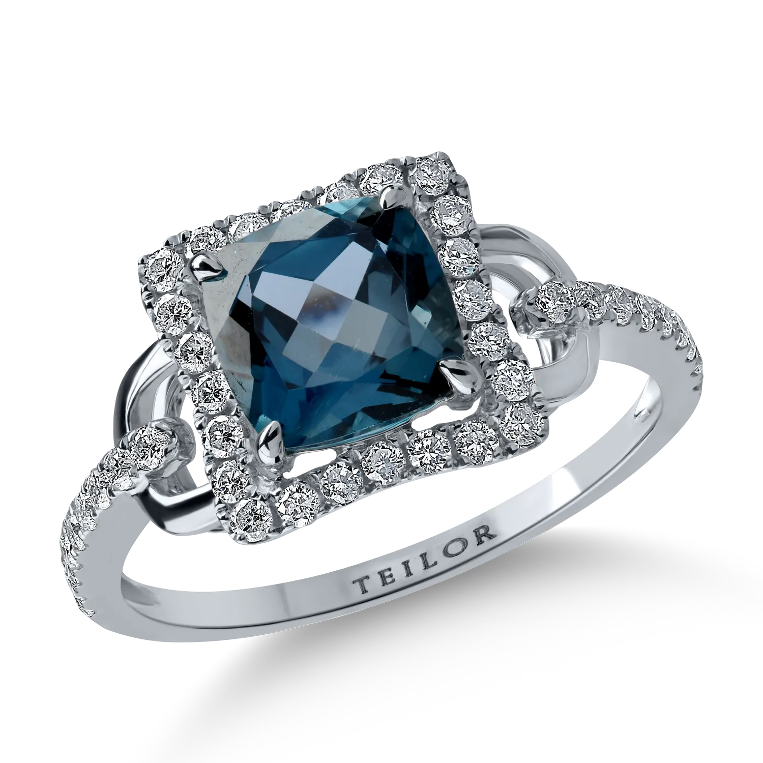 Fehérarany gyűrű 1.993ct londoni kék topázzal és 0.39ct gyémántokkal