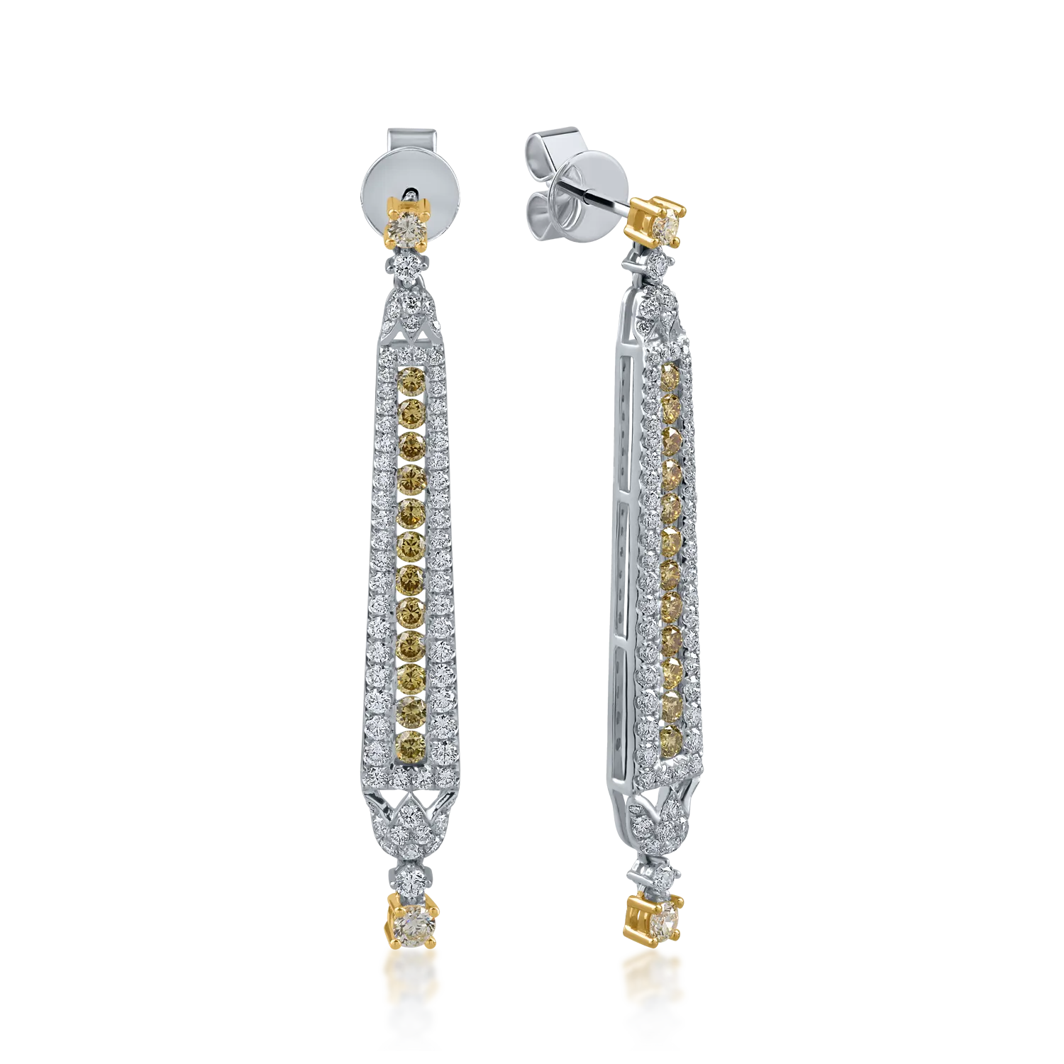 White-yellow gold earrings with 1.36ct fancy-multicolor diamonds and 2.24ct clear diamonds