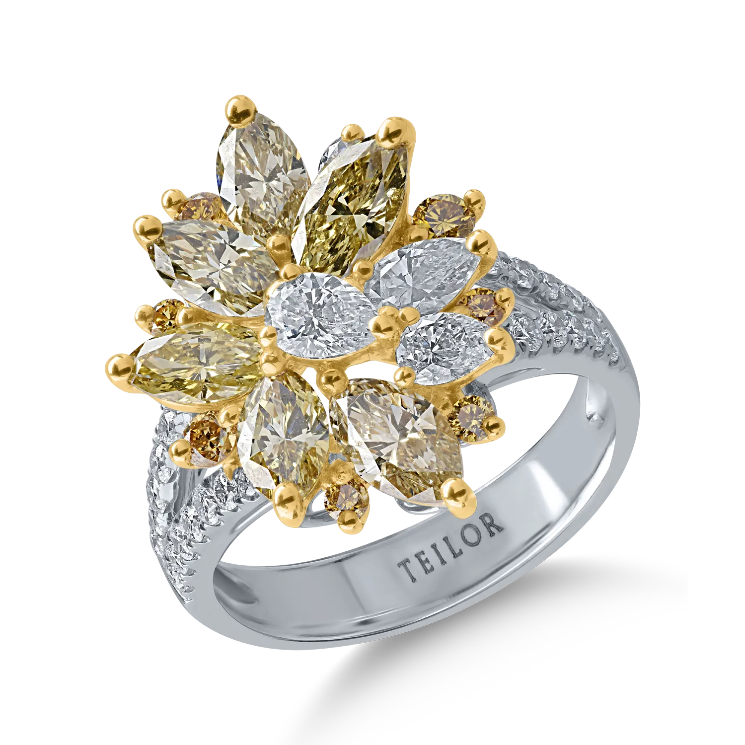 Inel din aur alb-galben cu diamante marquise, pear si rotunde de 3.12ct