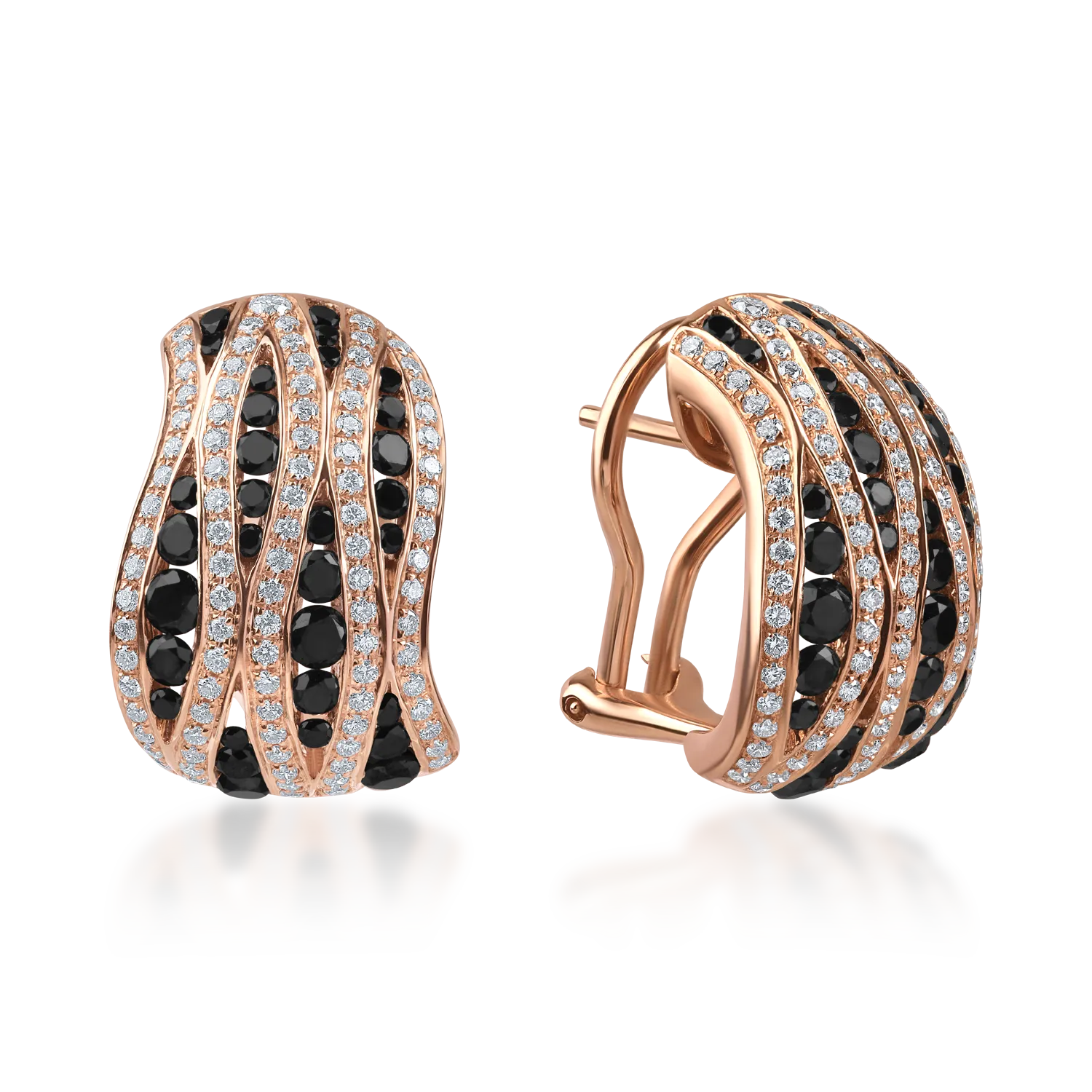 Rose gold earrings with 1.41ct black diamonds and 0.77ct clear diamonds