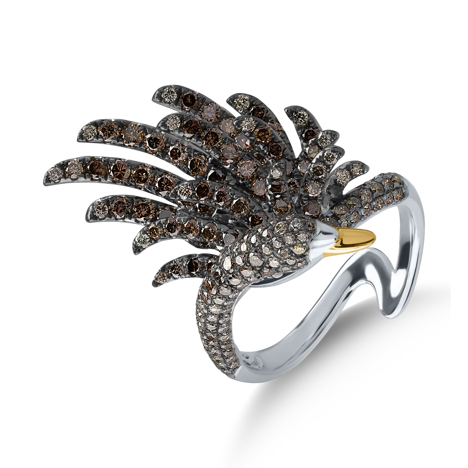 White gold swan ring with 1.83ct brown diamonds and 0.01ct yellow diamonds