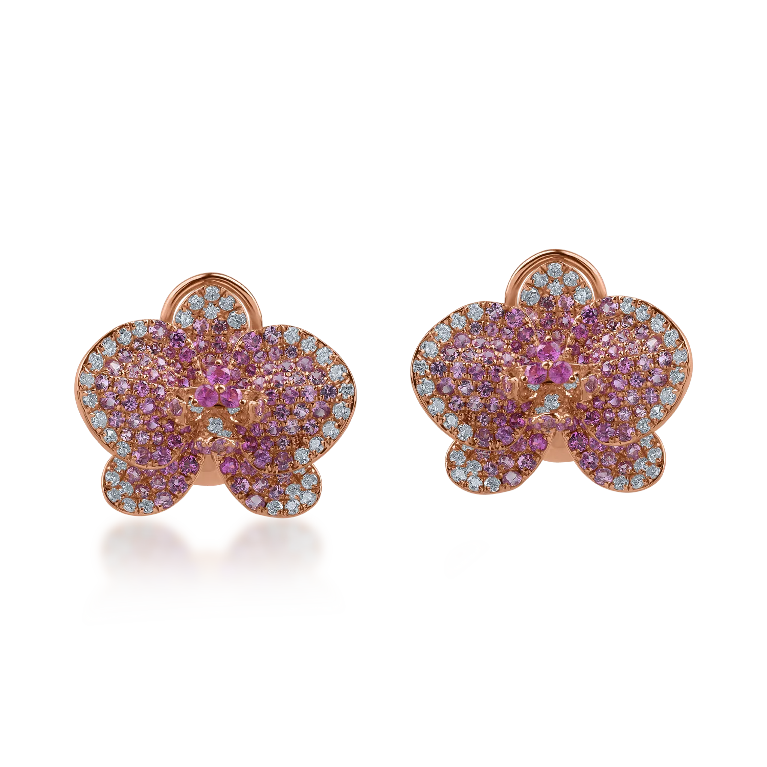 Rose gold flower earrings with 2.2ct pink sapphires and 0.55ct diamonds