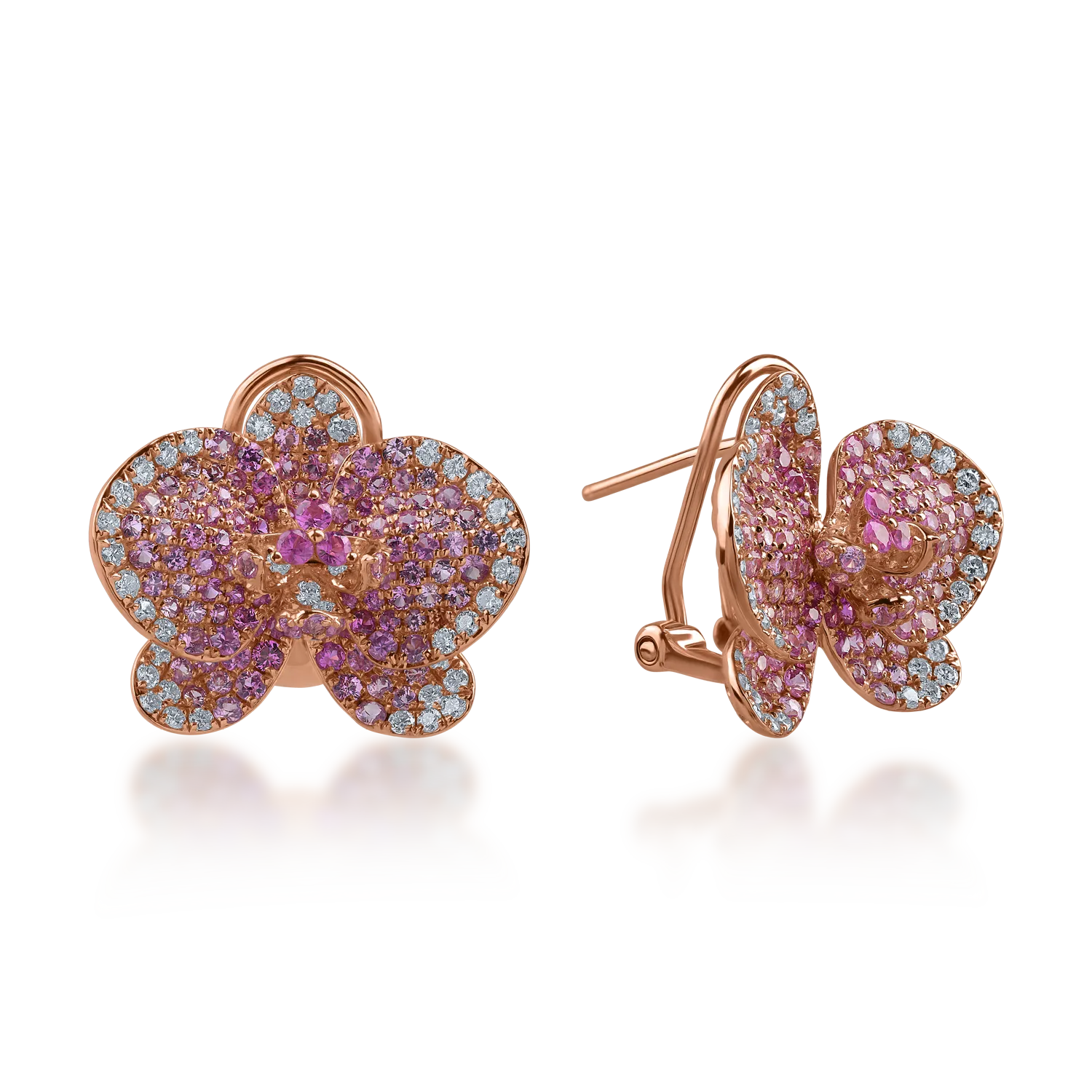 Kolczyki kwiatowe z różowego złota z różowymi szafirami o masie 2.2ct i diamentami o masie 0.55ct