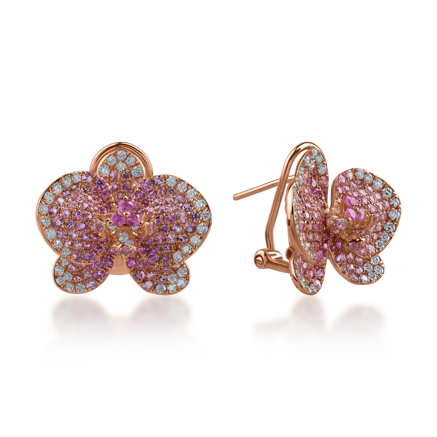 Rose gold flower earrings with 2.2ct pink sapphires and 0.55ct diamonds