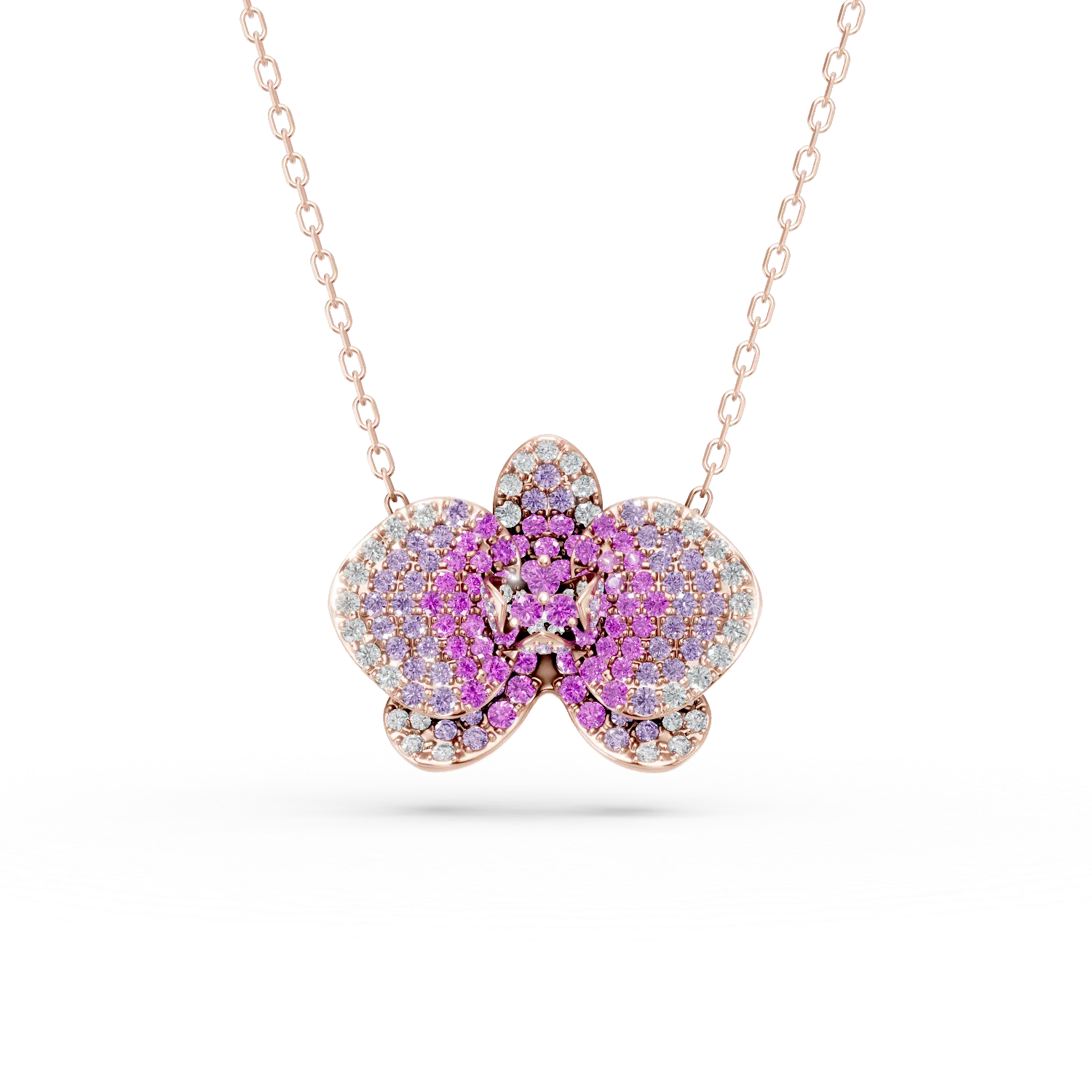 Lant cu pandantiv floare din aur roz cu safire roz de 1.31ct si diamante de 0.38ct