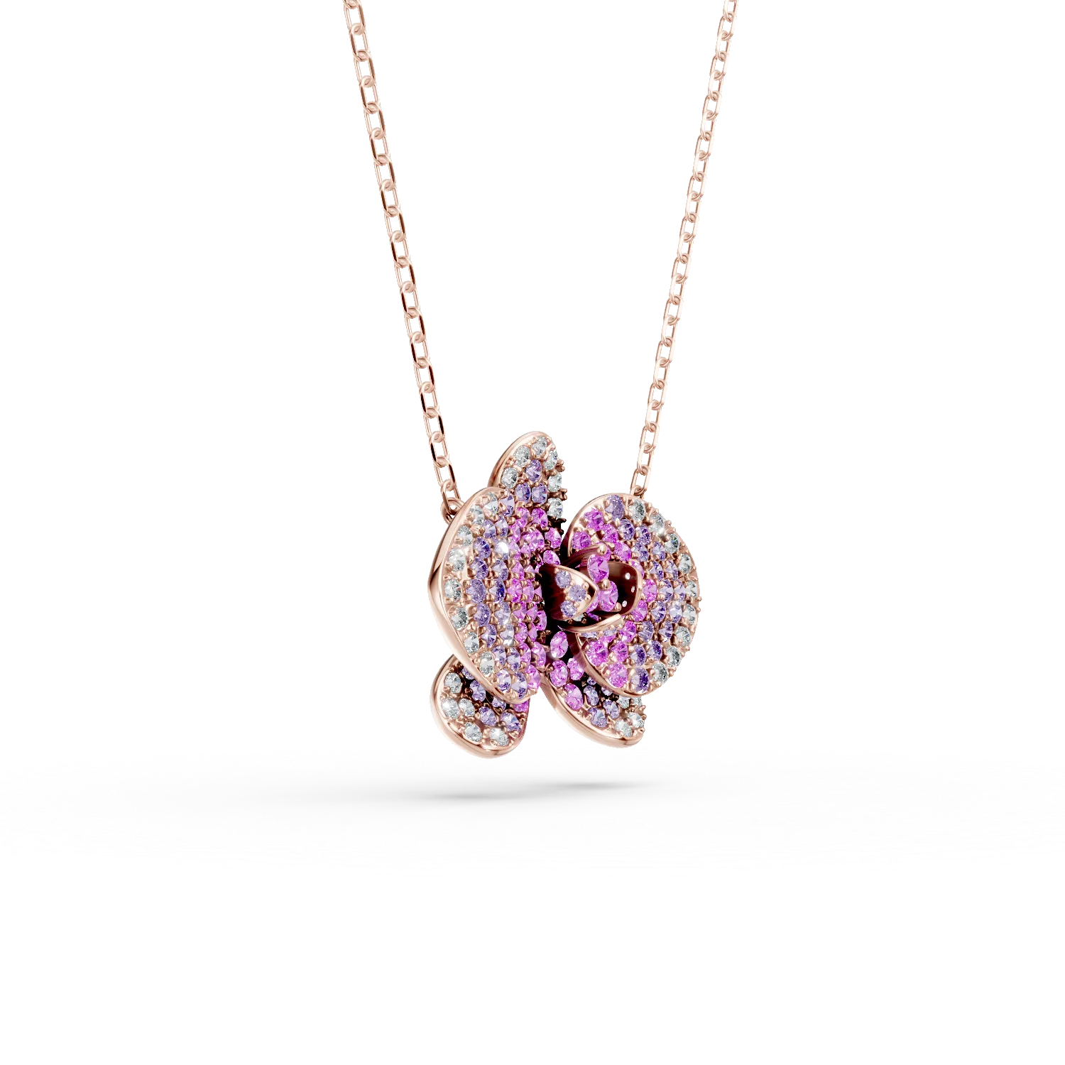 Rózsa arany virágos medál nyaklánc 1.31ct rózsaszín zafírral és 0.38ct gyémánttal