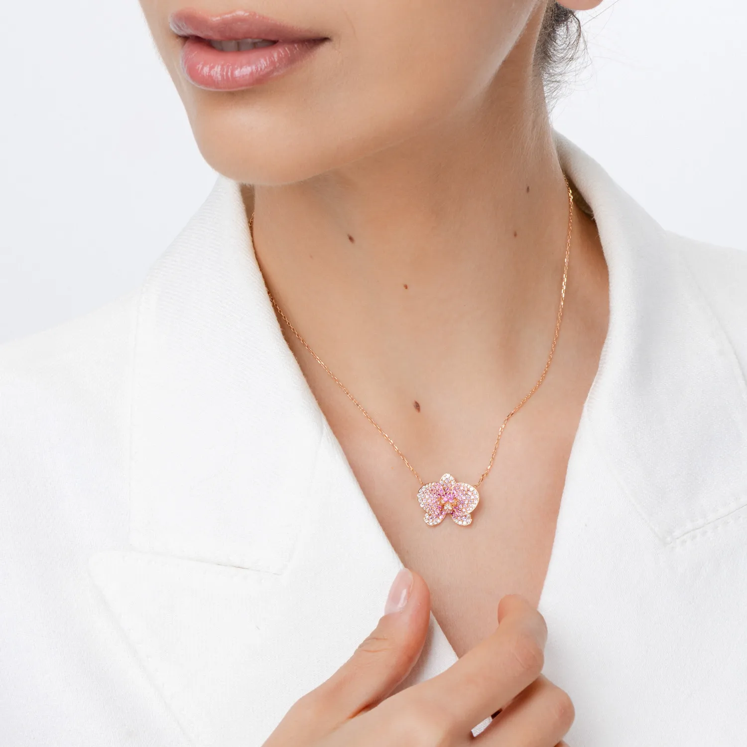 Lant cu pandantiv floare din aur roz cu safire roz de 1.31ct si diamante de 0.38ct - imagine 4