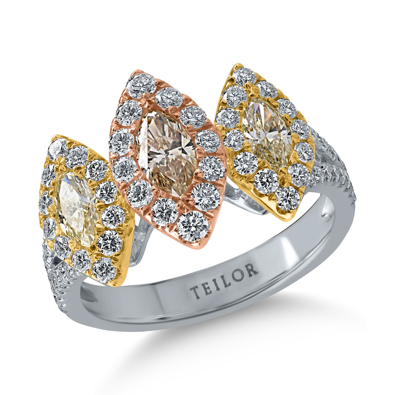 Fehér-rózsa-sárga arany gyűrű 0.31ct barna gyémánttal és 0.4ct sárga gyémántokkal