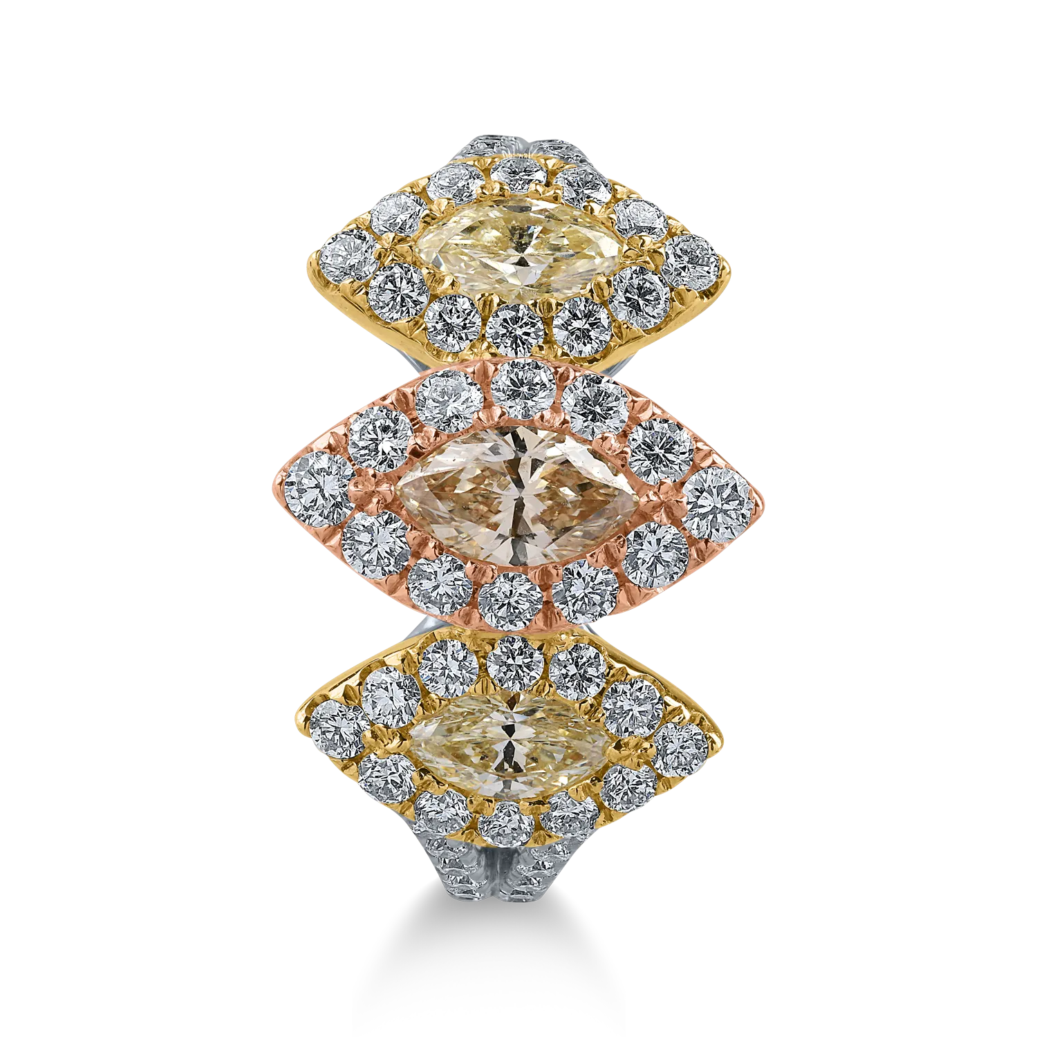 Пръстен от бяло-розово-жълто злато с 0.31кт кафяв диамант и 0.4кт жълти диаманти