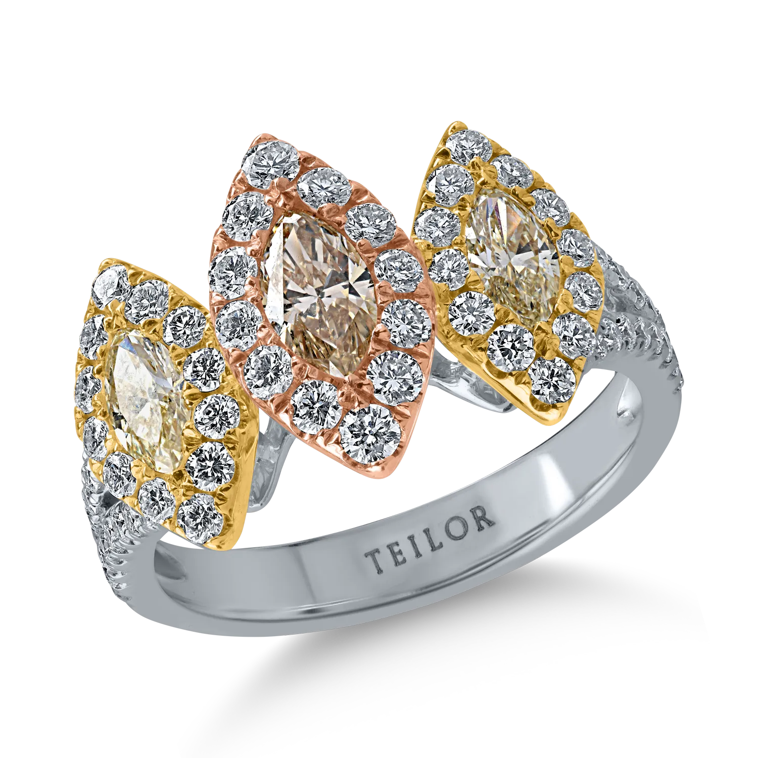 Inel din aur alb-roz-galben cu diamant maro marquise de 0.3ct si diamante galbene de 0.4ct