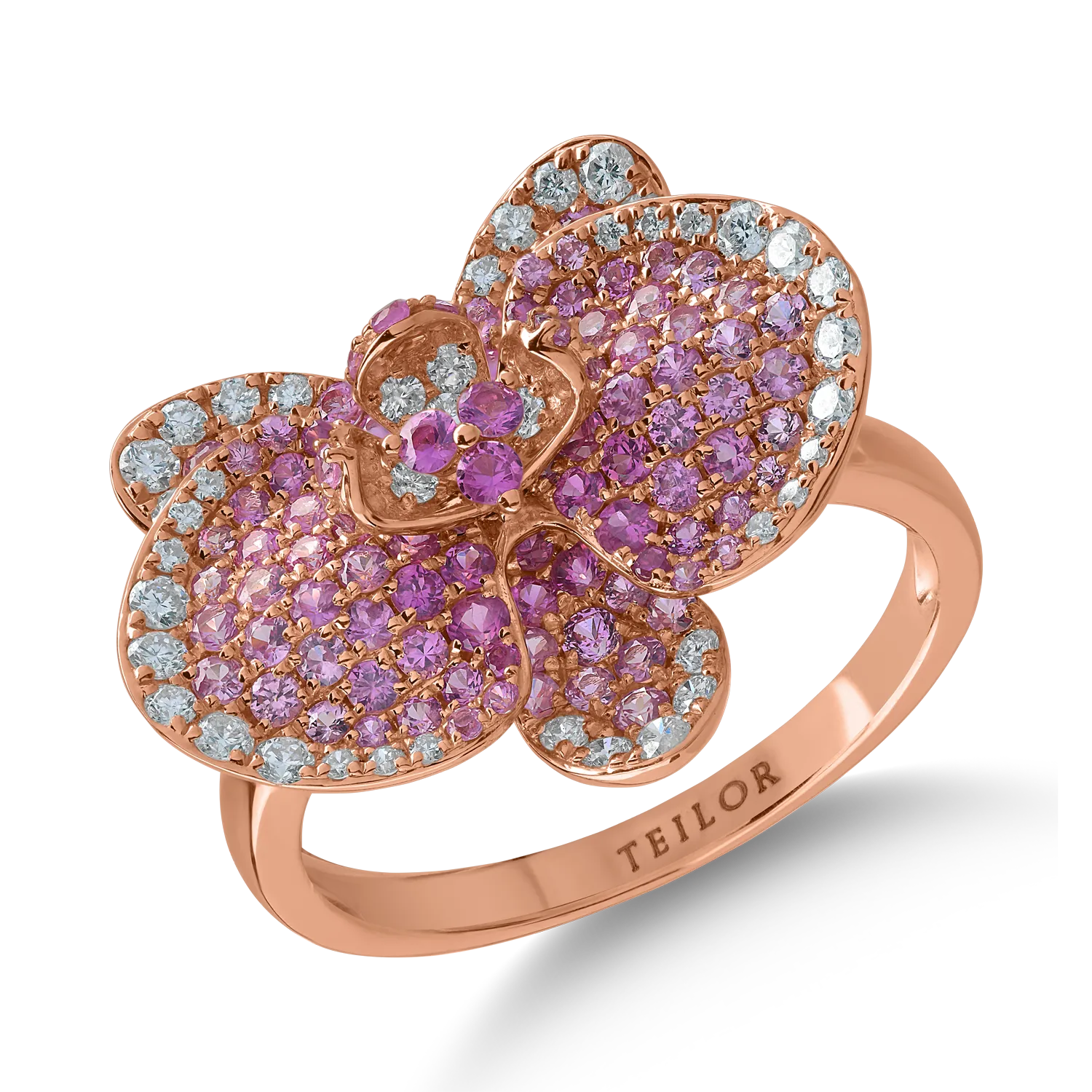 Rose gold flower ring with 1.3ct pink sapphires and 0.39ct diamonds