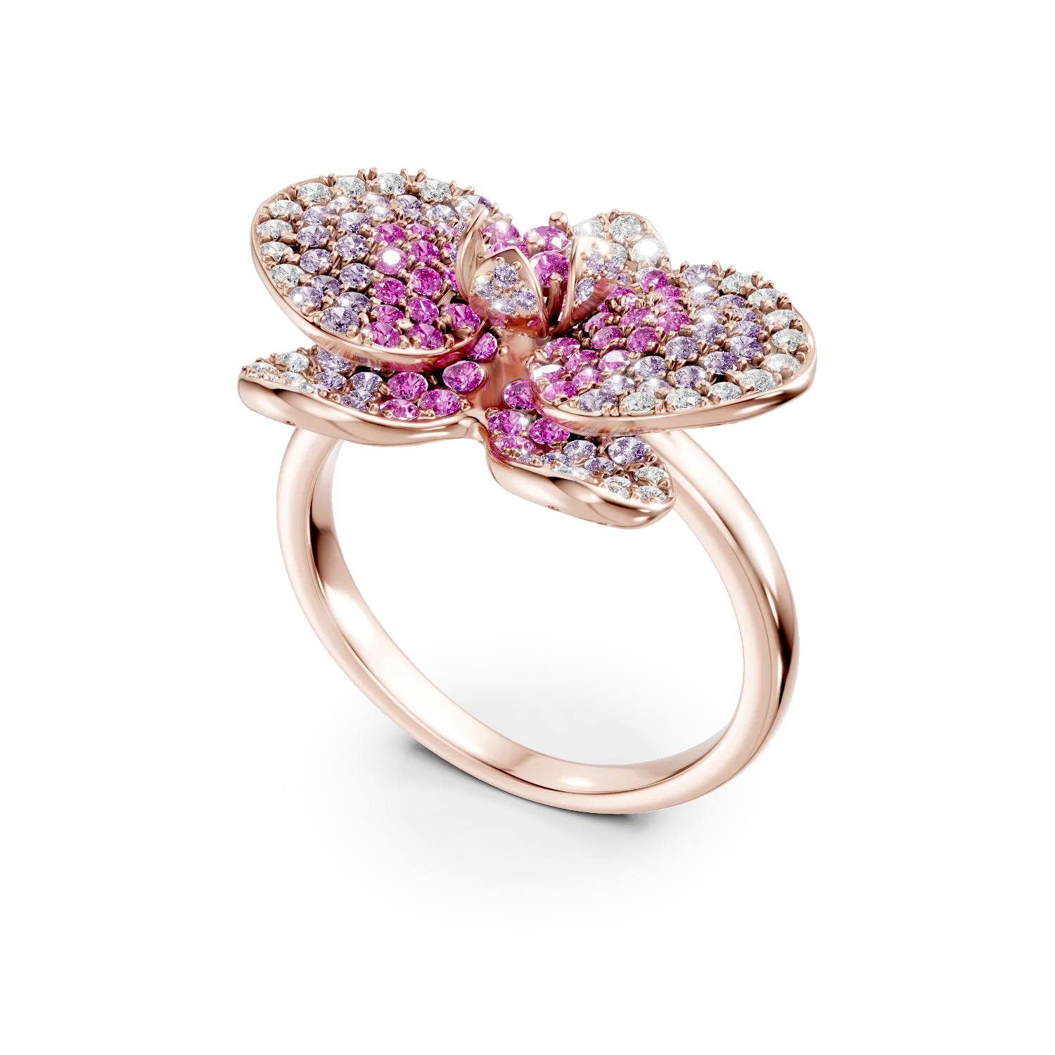 Inel floare din aur roz cu safire roz de 1.3ct si diamante de 0.39ct