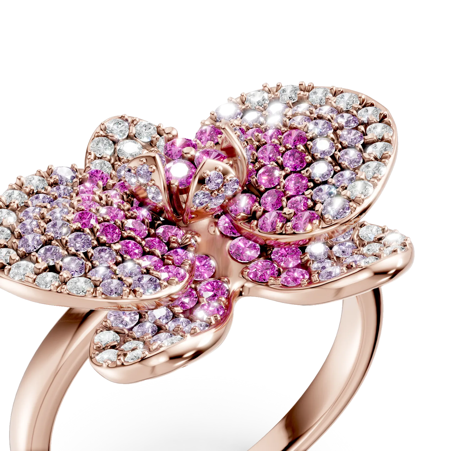 Inel floare din aur roz cu safire roz de 1.3ct si diamante de 0.39ct