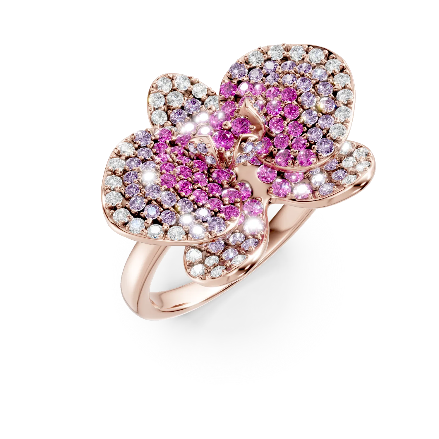 Inel floare din aur roz cu safire roz de 1.3ct si diamante de 0.39ct
