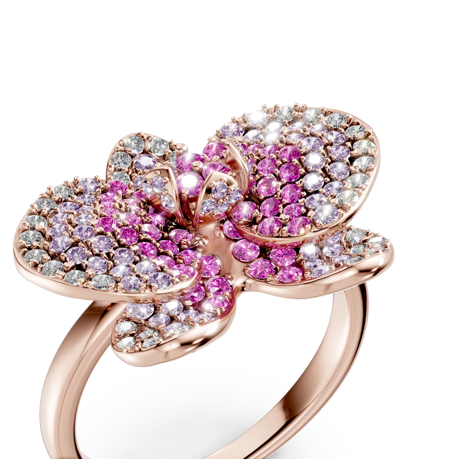 Rose gold flower ring with 1.3ct pink sapphires and 0.3ct diamonds