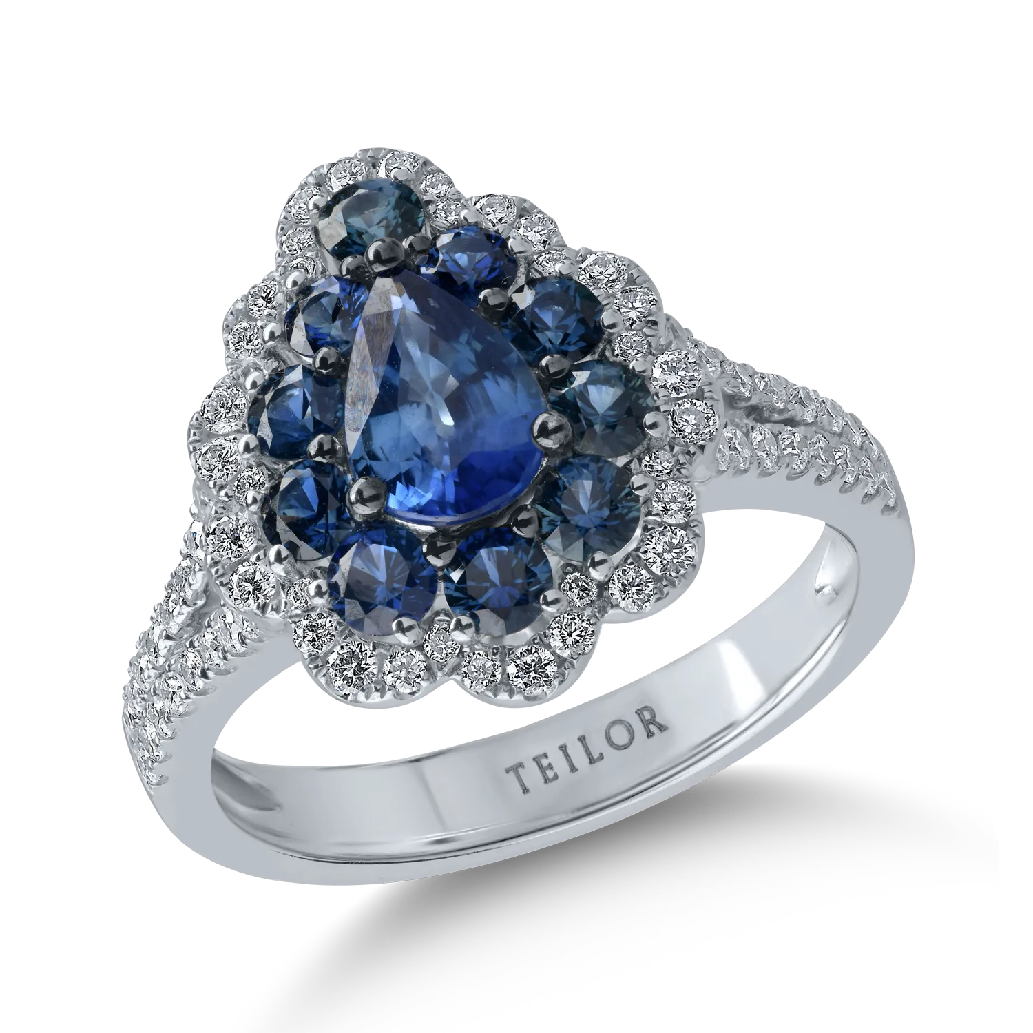 Teilor Inel din aur alb cu safire pear si rotunde de 1.58ct si diamante de 0.4ct