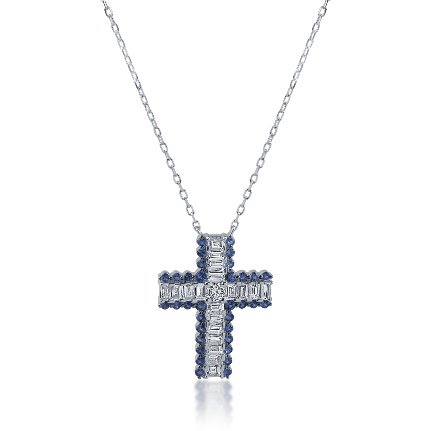 White gold cross pendant necklace with 0.93ct diamonds and 0.48ct sapphires