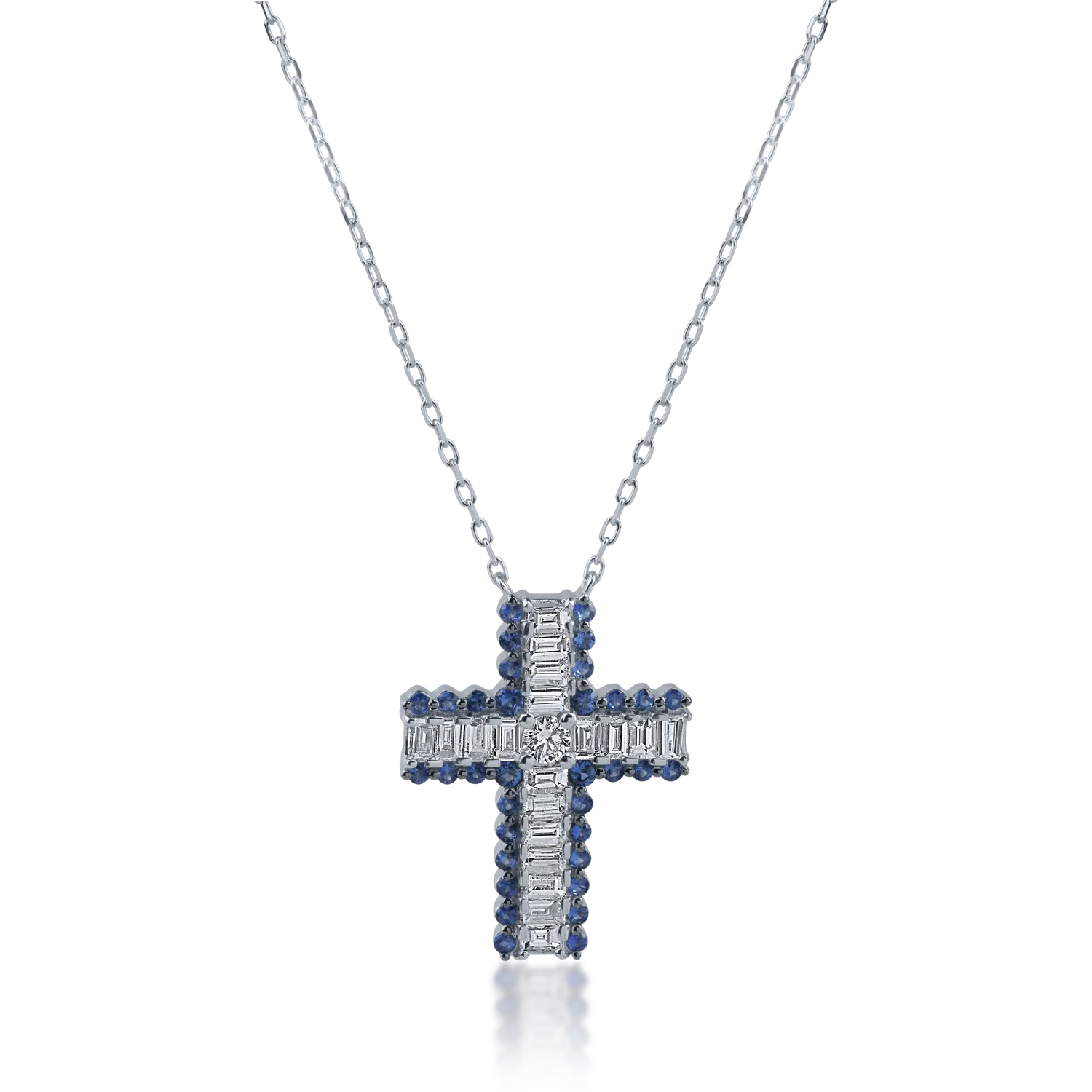 Teilor Lant cu pandantiv cruce din aur alb cu diamante baguette si rotunde de 0.93ct si safire de 0.48ct