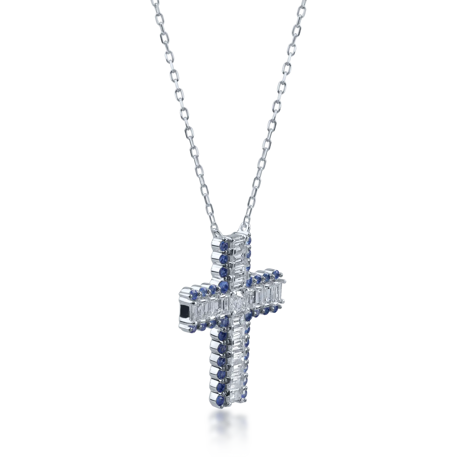 Lant cu pandantiv cruce din aur alb cu diamante de 0.93ct si safire de 0.48ct