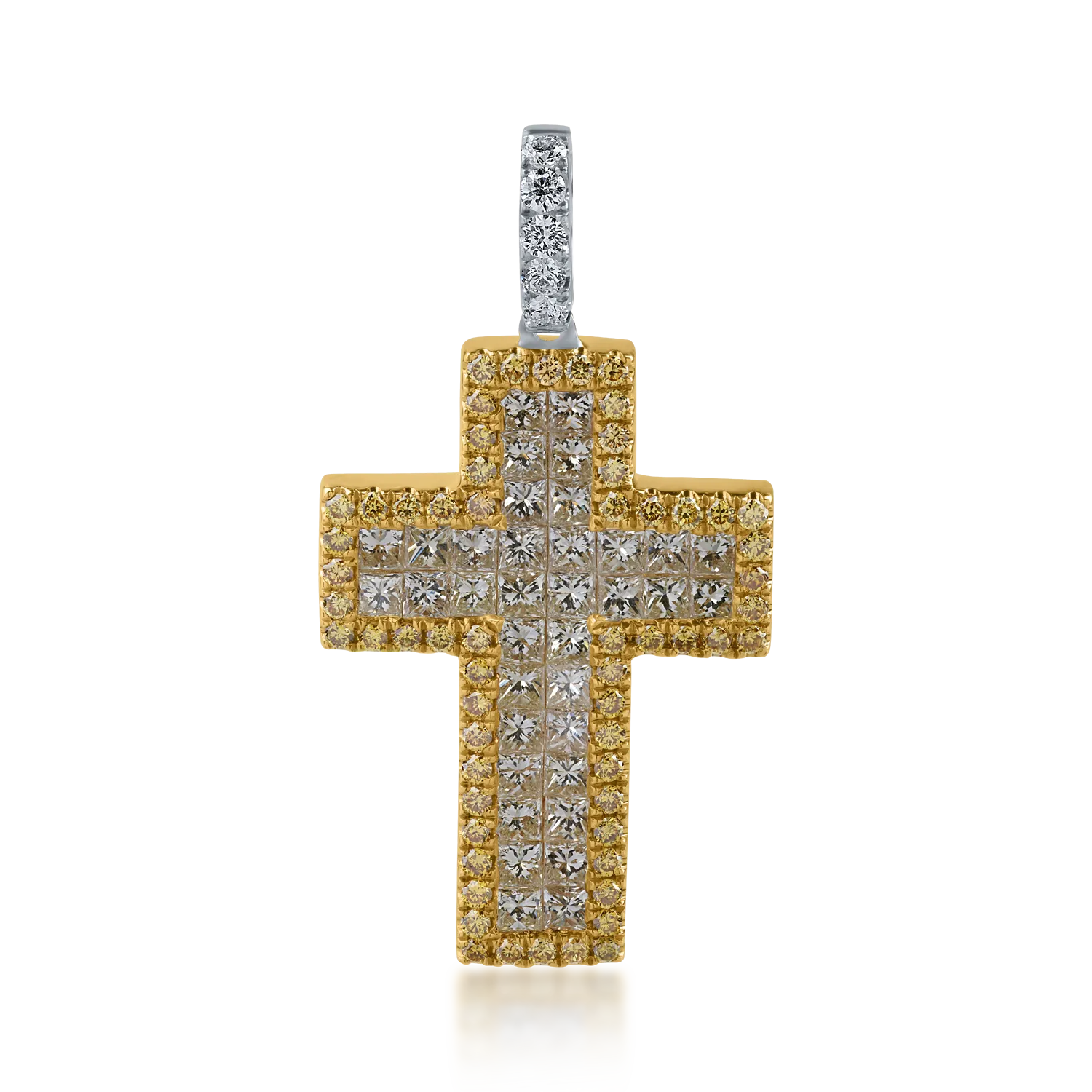 Pandantiv cruce din aur alb-galben cu diamante galbene de 1.69ct si diamante incolore de 0.1ct