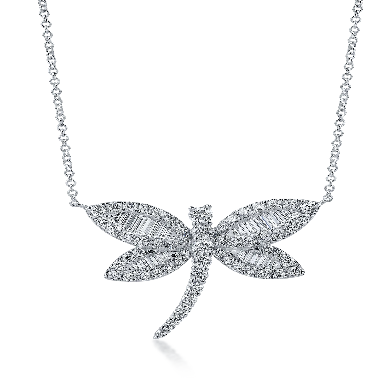 Teilor Lant cu pandantiv libelula din aur alb cu diamante baguette si rotunde de 1.96ct
