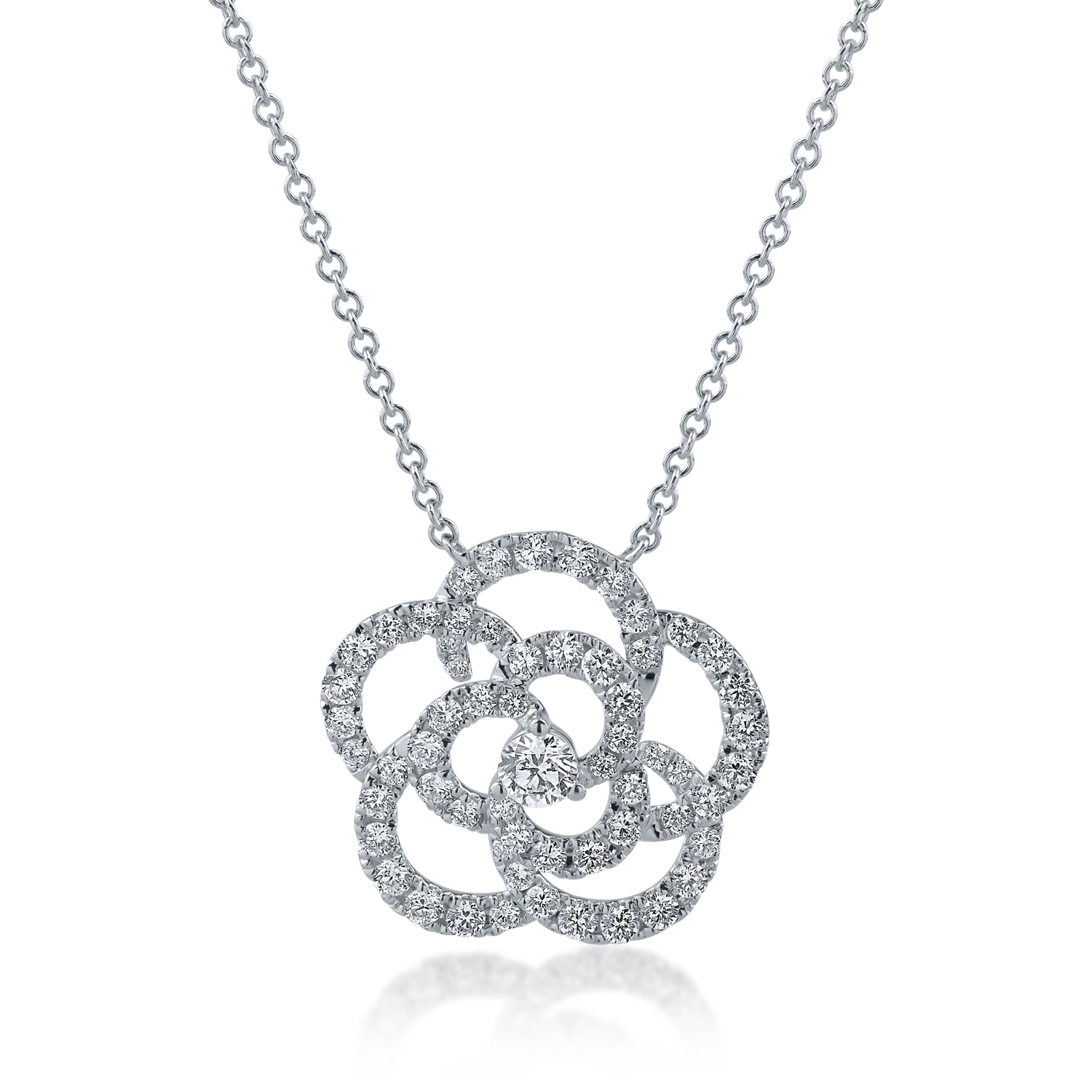 Łańcuszek z białego złota z zawieszką w kształcie kwiatka z diamentami o masie 0.91ct