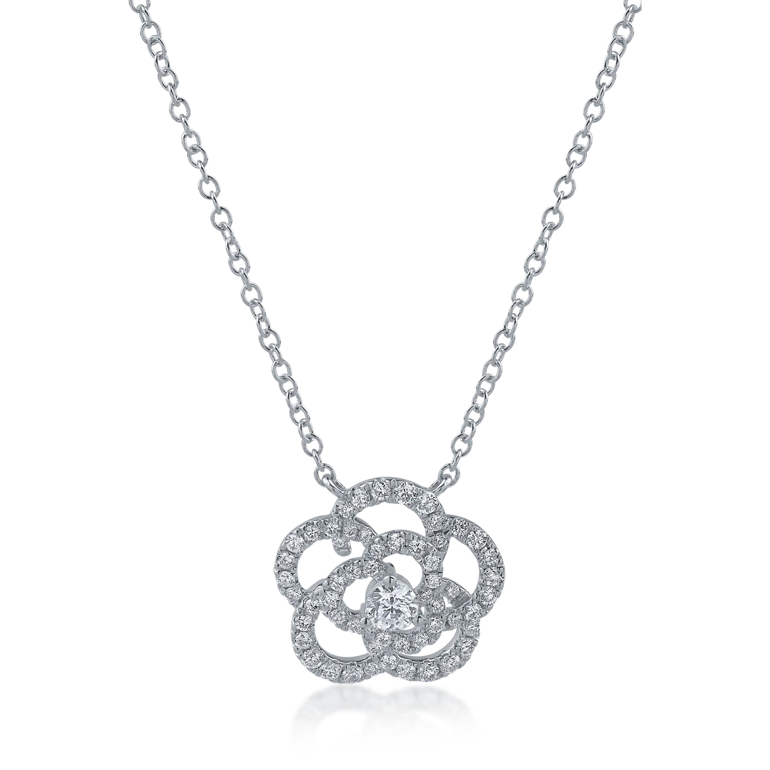 Łańcuszek z białego złota z zawieszką w kształcie kwiatka z diamentami o masie 0.54ct